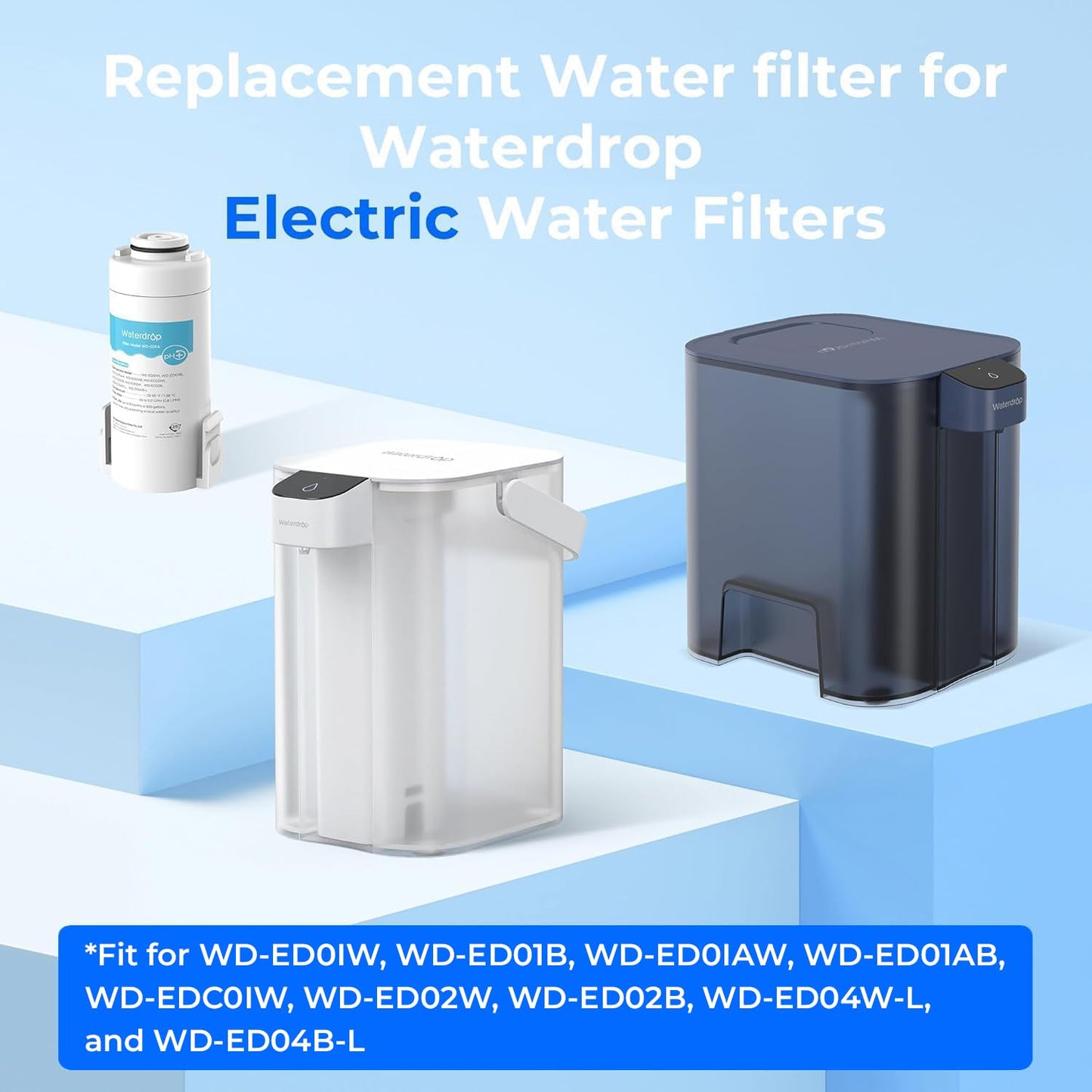 Waterdrop EDFA Alkaline Water Filter Replacement for Waterdrop ED01AW/ED01AB/ED01/ED02/ED04 Rechargeable Electric Pitcher, Improve PH, 3 Months or 200 Gallons, 3 Pack