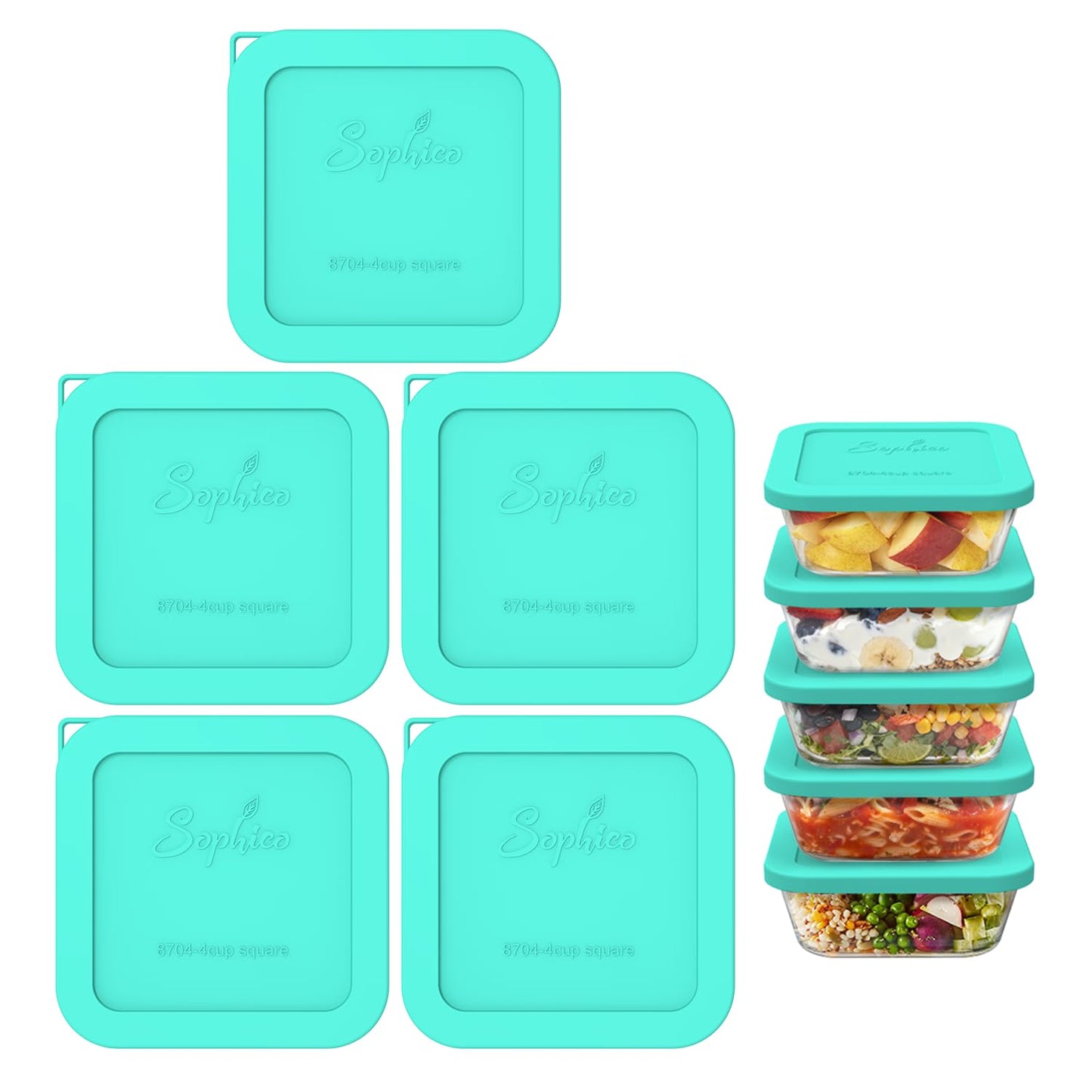 Sophico Silicone Cover Lid Replacement Only for Pyrex Freshlock and SNAPWARE 4CUP Square Glass Bowls Container Set(8704), Leakproof Lids, Dishwasher Microwave Safe 5 Pack (Container not Included)