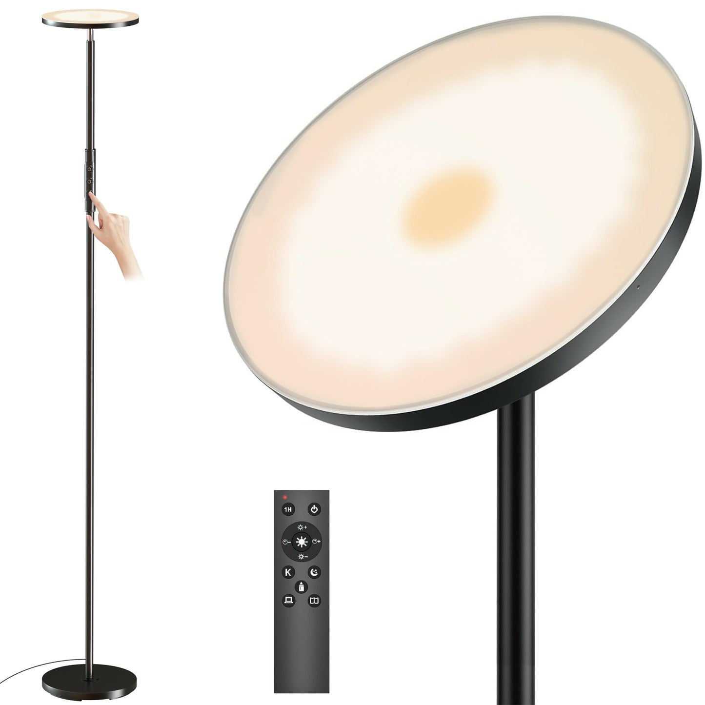 Yikuneng Super Bright Floor Lamp for Living Room, Stepless Dimmable LED Standing Lamp with Remote and Touch Control, 69” Tall Torchiere Corner Lamp for Bedroom Office Hotel, Black