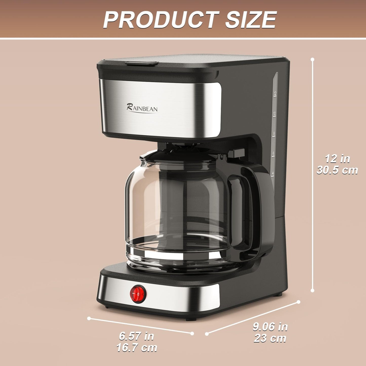 RAINBEAN 12-Cup Drip Coffee Maker,Home/Office Coffee Brewing Machine with Removable Filter,Glass Carafe and Heated Base,Black & Stainless Steel