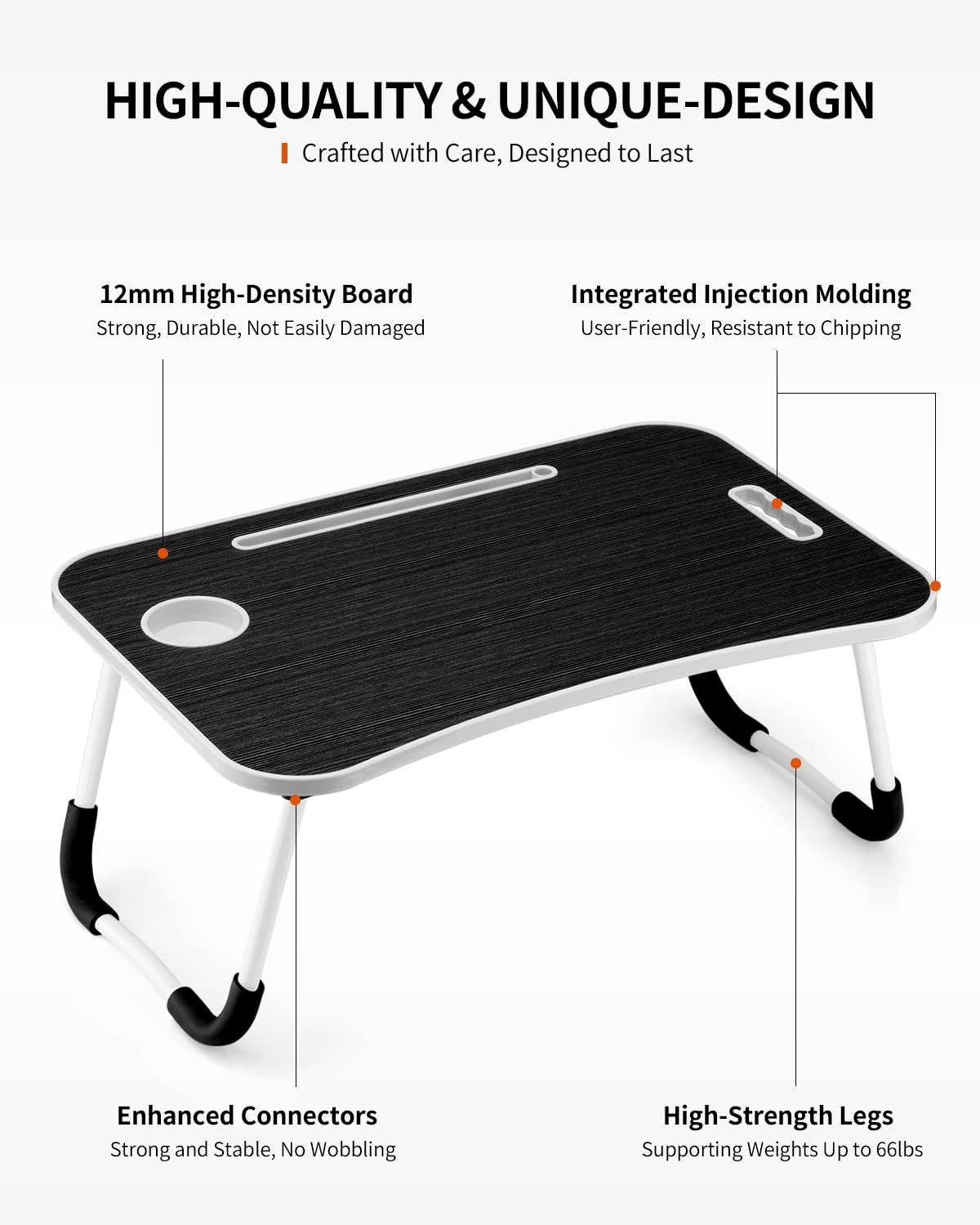 FISYOD Foldable Laptop Table, Portable Lap Desk Bed Table Tray, Laptop Stand with Cup Holder & Tablet Slot & Lifting Handle for Working Writing Drawing & Eating (Black Grain)