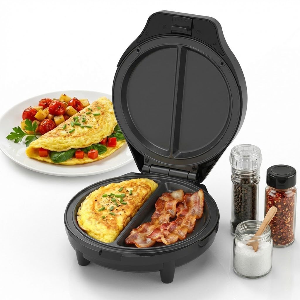 Nyrvexa Dual-Zone Electric Omelette Maker,Omelette Maker Electric,1000w Rapid Double-Sided Egg Cooker With Non-Stick Plates，Anti-Silp Base Anti-Scald Handle Cool-Touch Handle for Home,Dorm&Travel