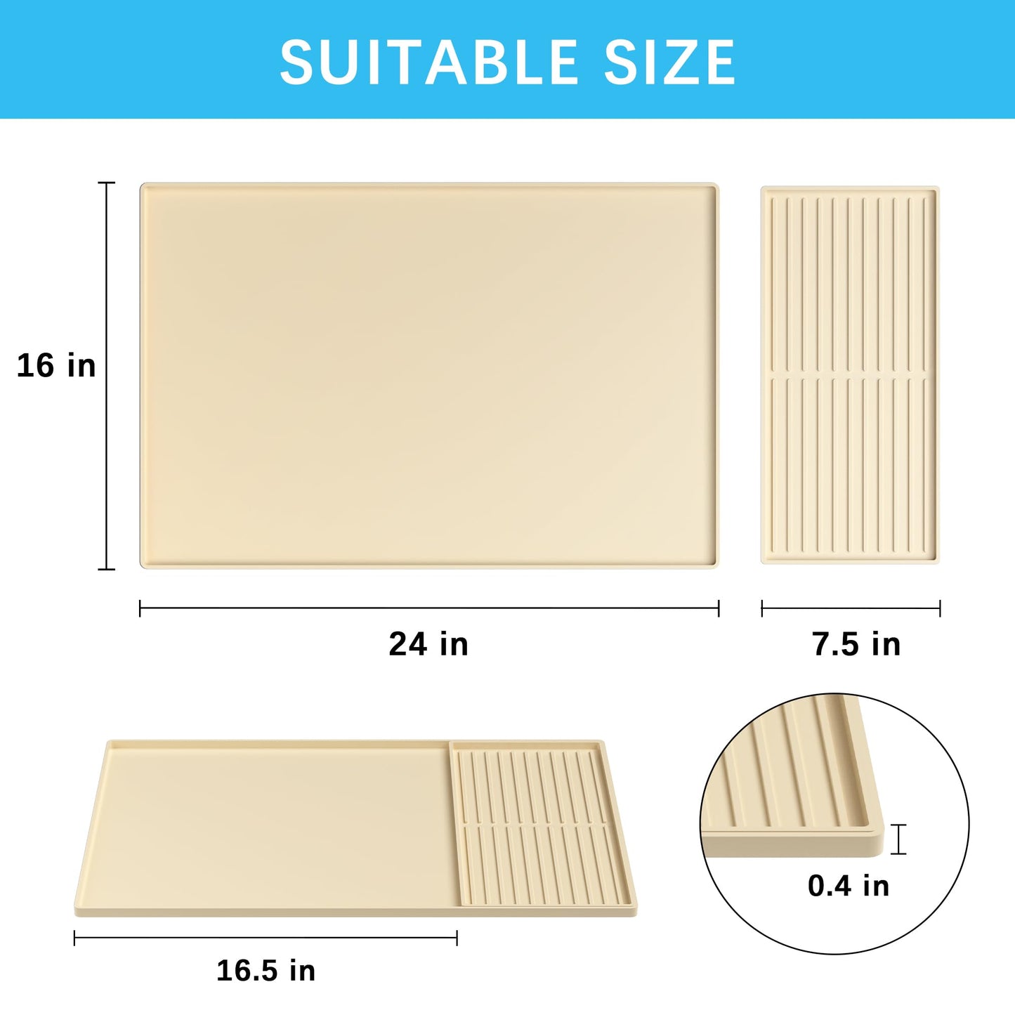Golener Silicone Coffee Mat Set - 24" x 16" Coffee Bar Mat for Countertop, Kitchen Station Pad Accessories Fit Under Cafe Maker Espresso Machine, Dish Drying Mat, Heat Resistant Kitchen Pad, Beige