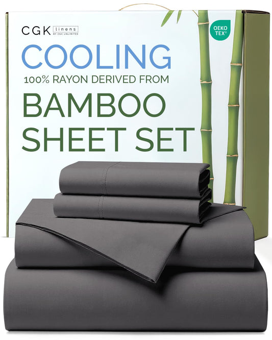 100% Rayon Derived From Bamboo - Bamboo Sheets Queen Size - Cooling Sheets for Queen - Soft, Breathable & Hotel Luxury Bedding - 1 Flat & 1 Fitted & 2 Pillowcases w/ 18 Inch Deep Pockets - Dark Grey