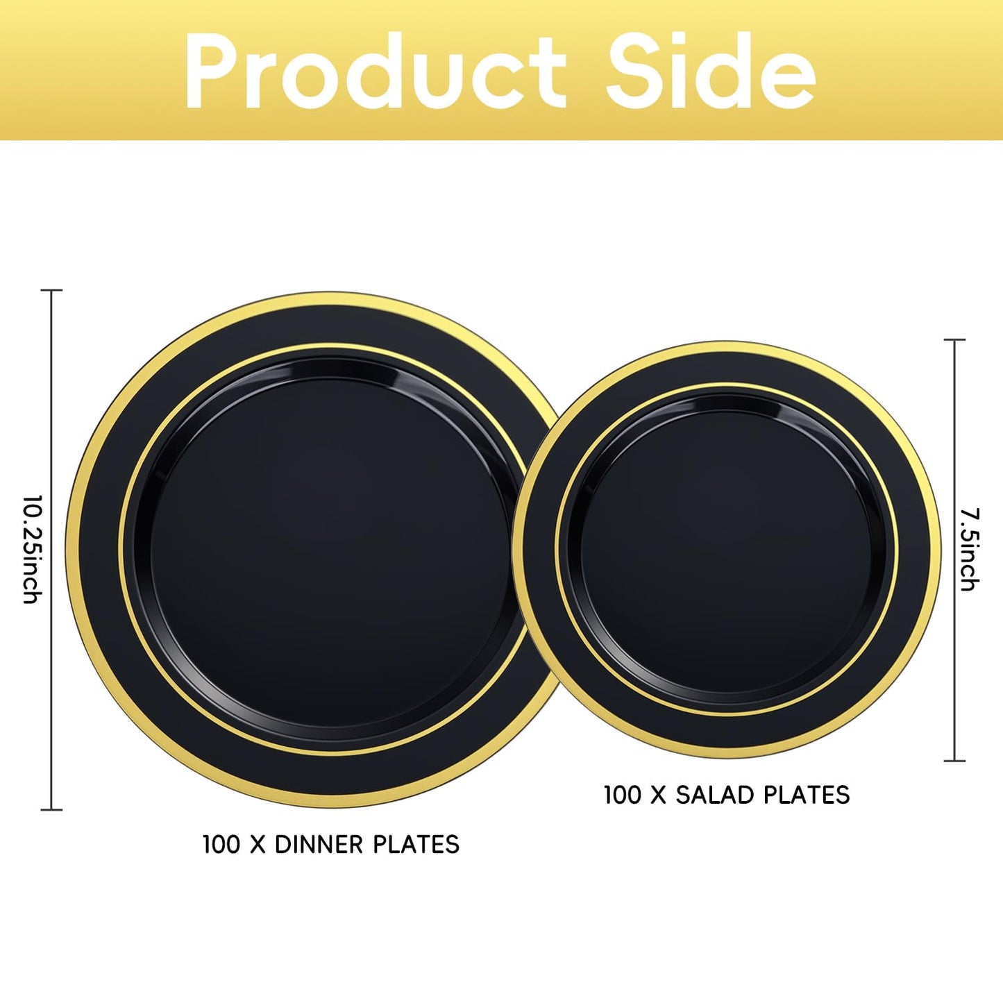 BESTVIP 200PCS Black Plastic Plate with Gold Rim, Disposable Party Plates with 100 Dinner Plates and 100 Dessert Plates, Plastic Plates for Party, Wedding and Birthday