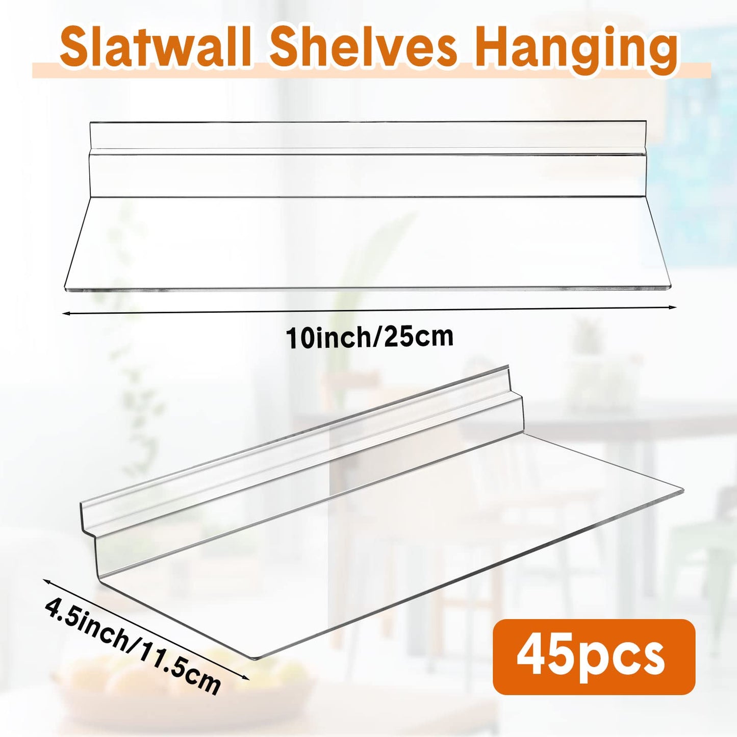 Maitys Hanging Slatwall Shelves Accessories Clear Slatwall Wire Shelf Shoe Shelves for Wall Retail Display Home Shoe Stores Boutiques Supplies, 4.5 x 10 Inches(45 Pcs)