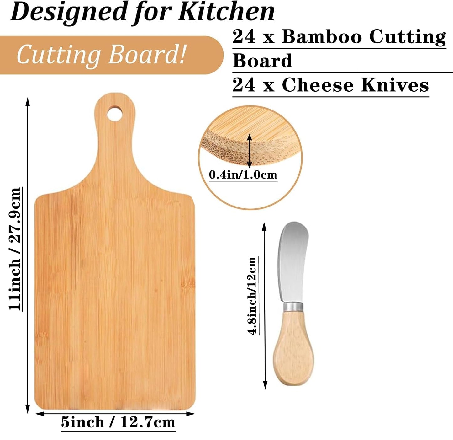 24 Pcs Bamboo Cutting Board Set with 24 Pcs Cheese Knives, 11" x 5" Individual Charcuterie Boards, Blank Laser Engraving Boards & Butter Knives Bulk Set, Perfect for Kitchen, Gifts, Home Decor
