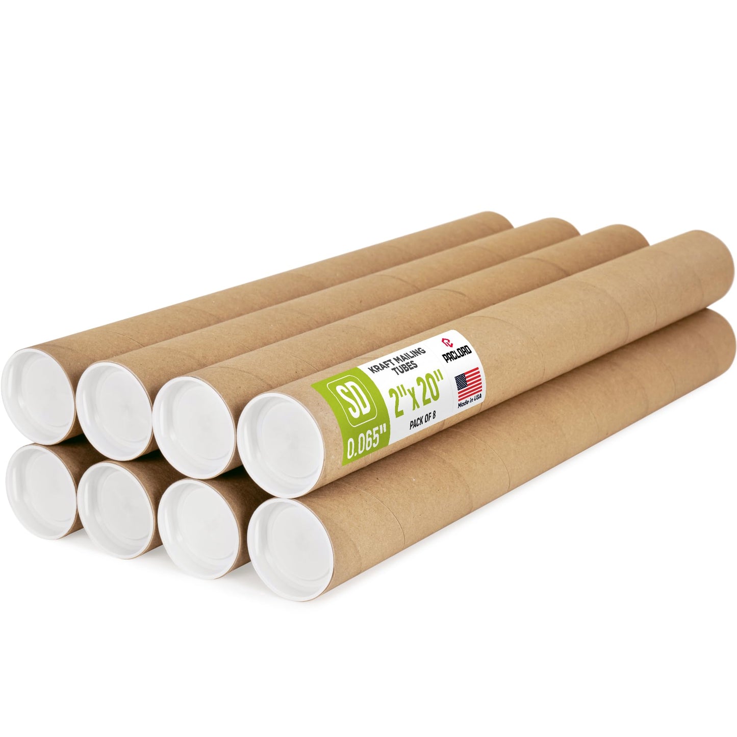 2" x 20" Reinforced Kraft Paper Mailing Tube, Pack of 8 Tubes with 16 Caps – Secure USPS Approved Poster Tube – Made in USA Cardboard Tube for Shipping and Storing Posters, Prints, Artwork