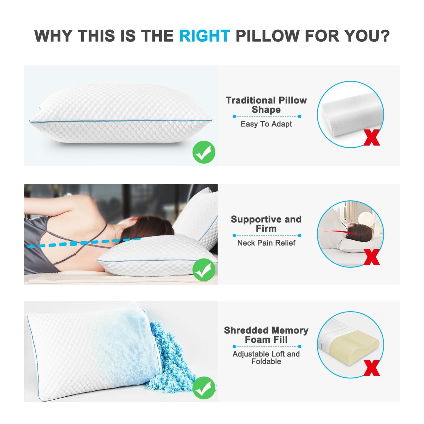 VVZ Cooling Bed Pillows King Size Set of 2, Shredded Memory Foam Pillows for Side Back Stomach Sleepers, Luxury Cool Gel Adjustable Firm Bed Pillows for Sleeping 2 Pack King Size 20 x 36 Inches
