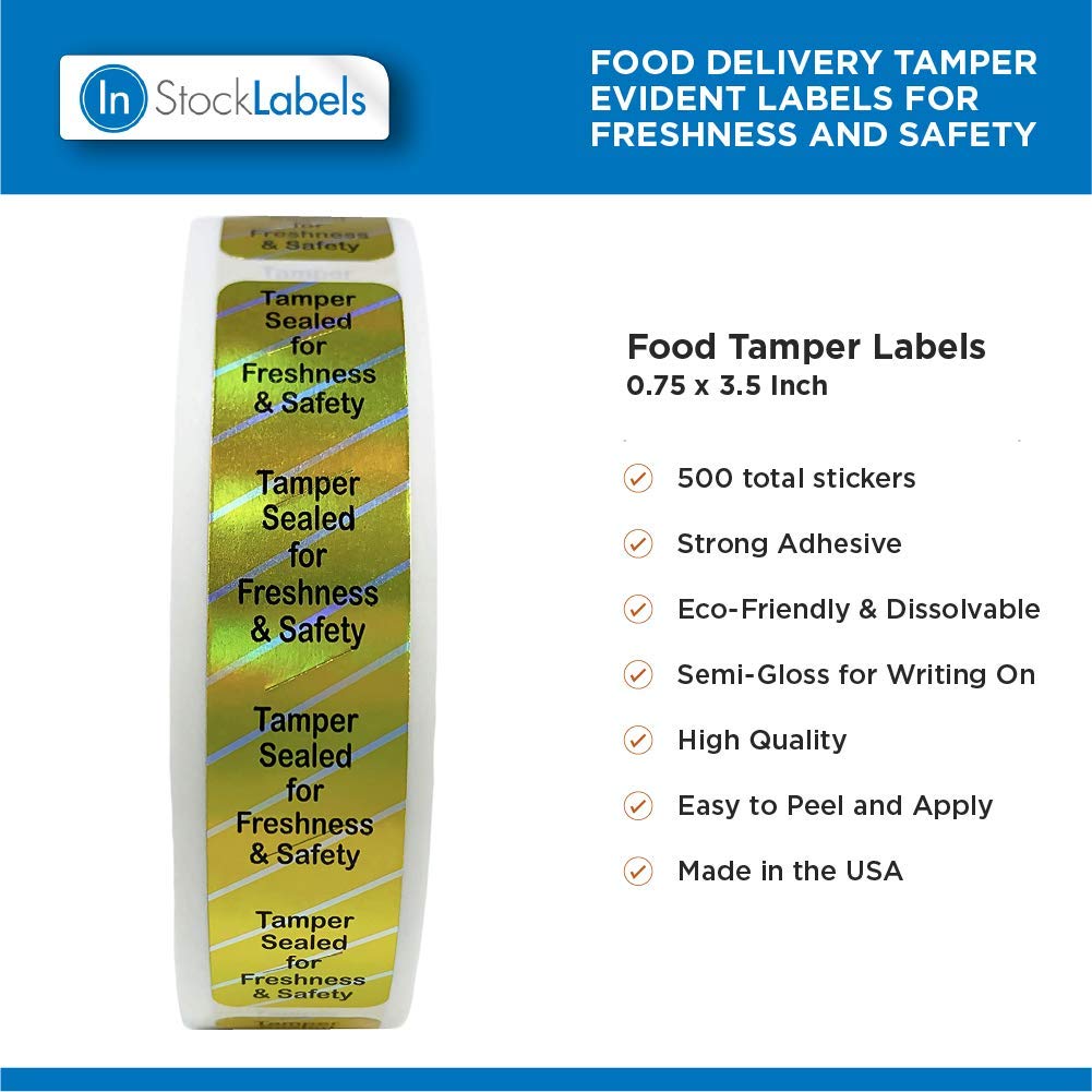 InStockLabels 500 Metallic Gold Tamper-Evident Food Seal Stickers, Labels for Food Containers (0.75 Inches x 3.5 Inches)