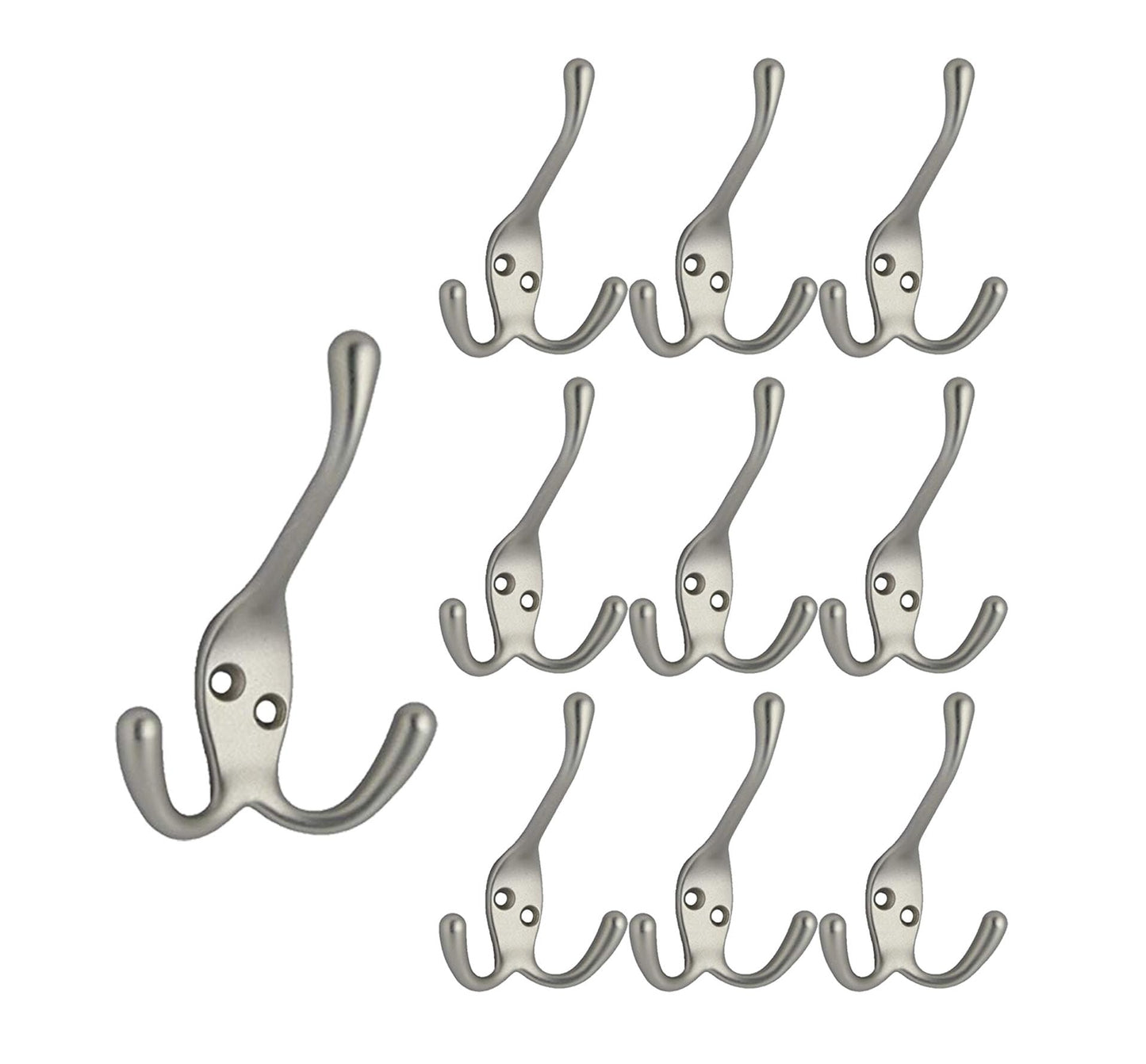 QCAA Premium Quality Coat Hat Hook with Three Prongs, 4", Zinc Die Cast, Satin Nickel, 10 Pack, Made in Taiwan