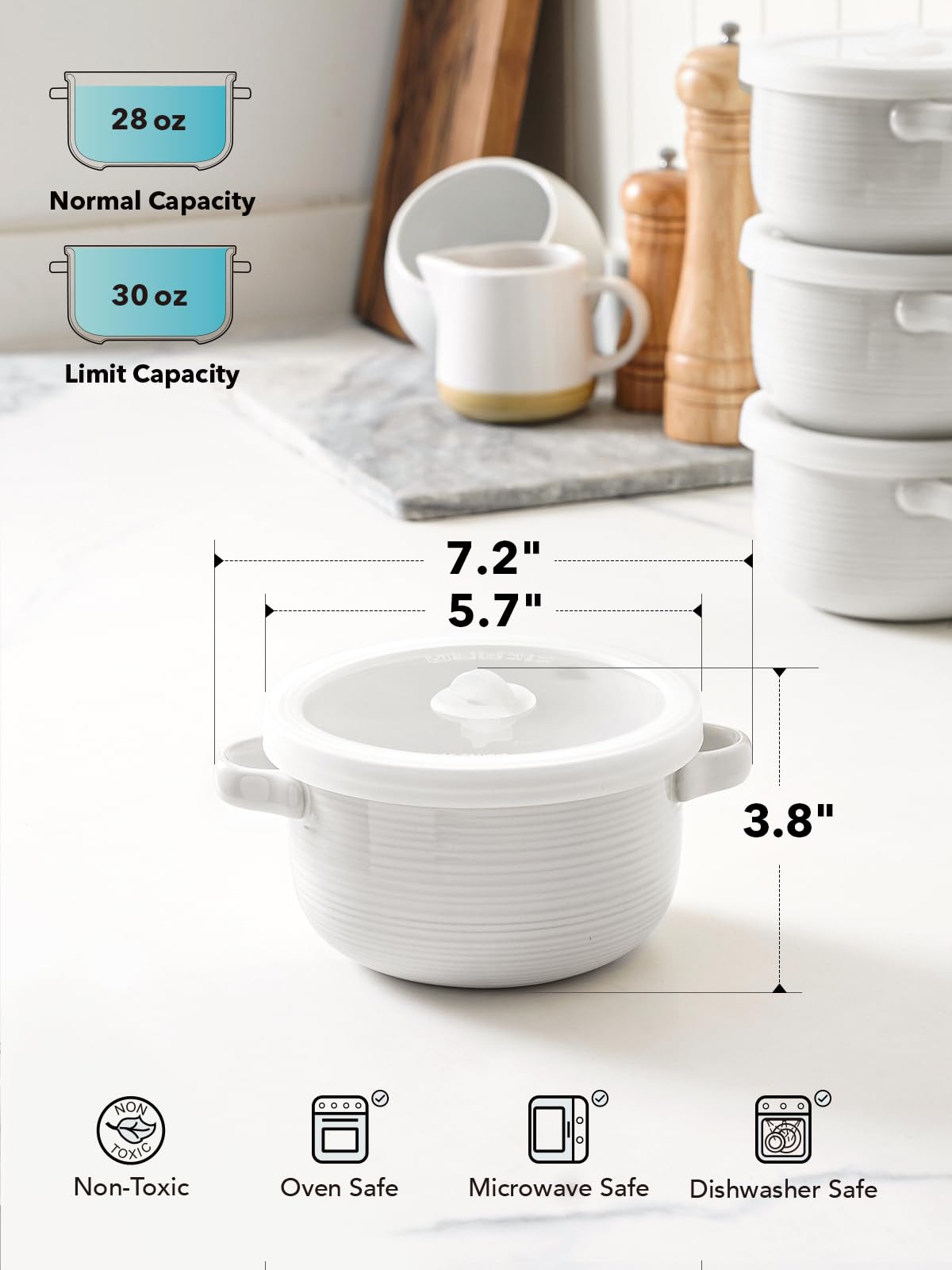 LE TAUCI French Onion Soup Bowls, 28 oz Ceramic Soup Crocks with Handles & Silicone Lids, Oven & Microwave Safe Containers for Meal Prep & Leftovers, Lead & Cadmium Free, Set of 4, White