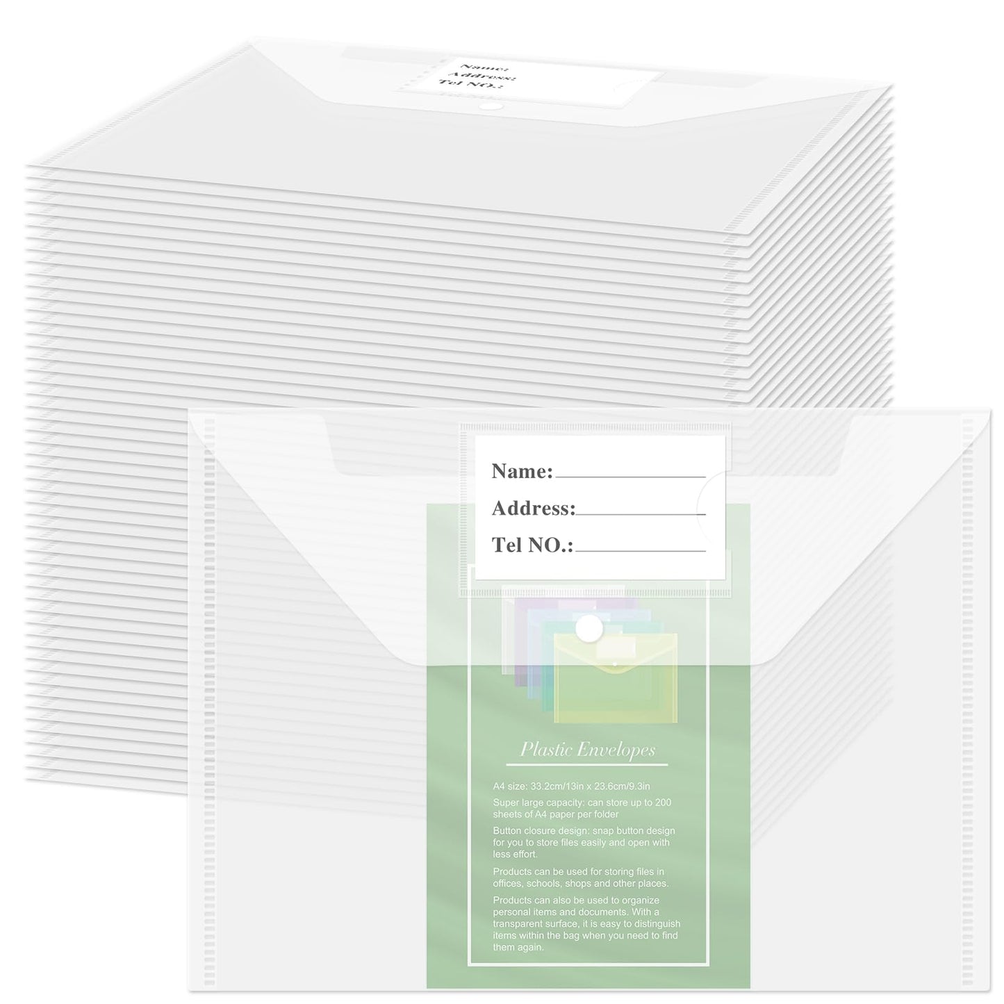 NACHLYNN 108 Pack Plastic Envelopes Plastic Folders with Snap Closure, A4 Size Clear File Envelopes with Label Documents Folders Organizers for Home Work Office Organization