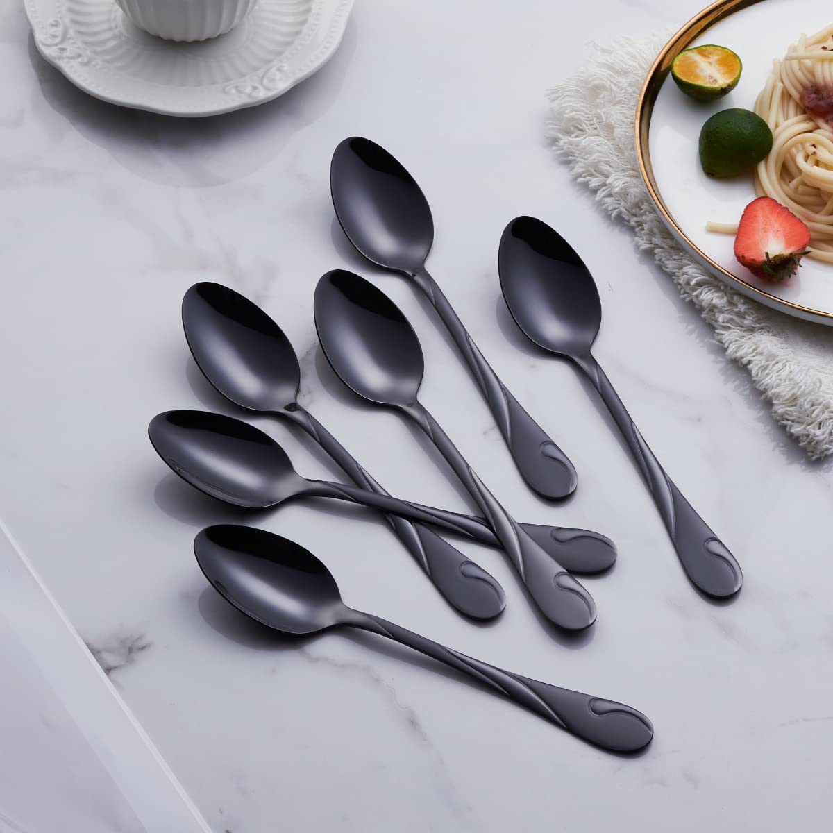 Seeshine Black Silverware Set for 12, 60-Piece Stainless Steel Flatware Set, Shiny Black Metal Cutlery Set, Include Fork, Knife and Spoon Set, Dishwasher Safe