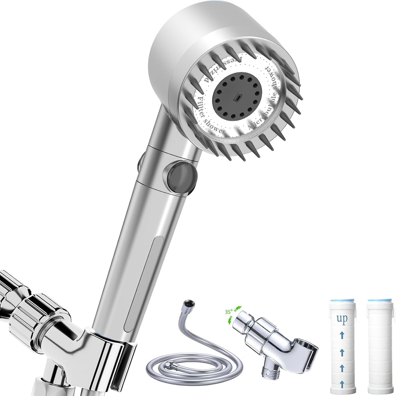 High Pressure Handheld Shower Head High Pressure Shower Heads- High Flow Even with Low Water Pressure - Hand Held Showerhead Set with 59″Replacement Hose/Bracket and Cotton Filters (Premium Chrome)