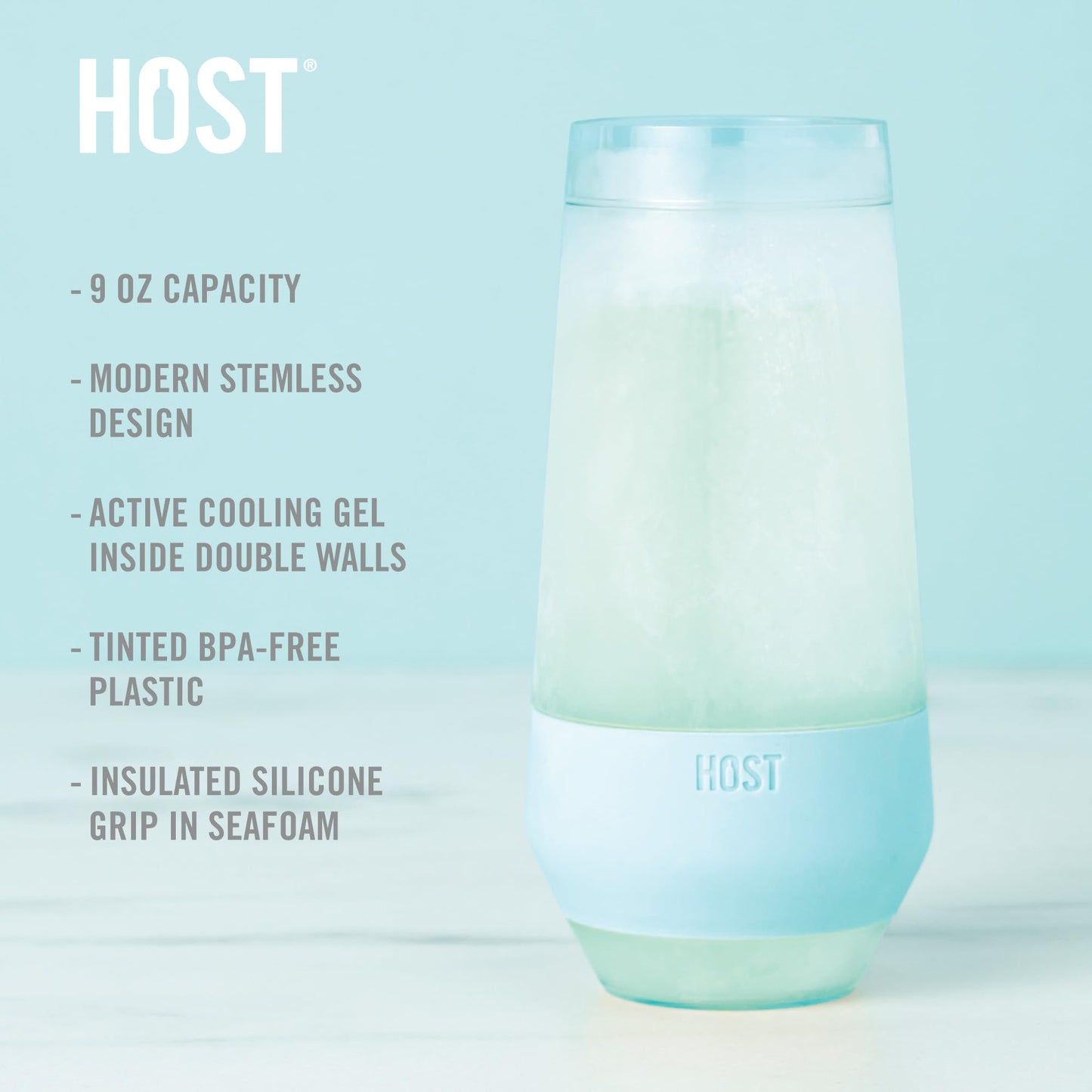 HOST Champagne Freeze Double-Walled Stemless Wine Glasses Freezer Cooling Cups with Active Cooling Gel and Insulated Silicone Grip - 9 Oz Plastic Tumblers, Seafoam Tint, Set of 2