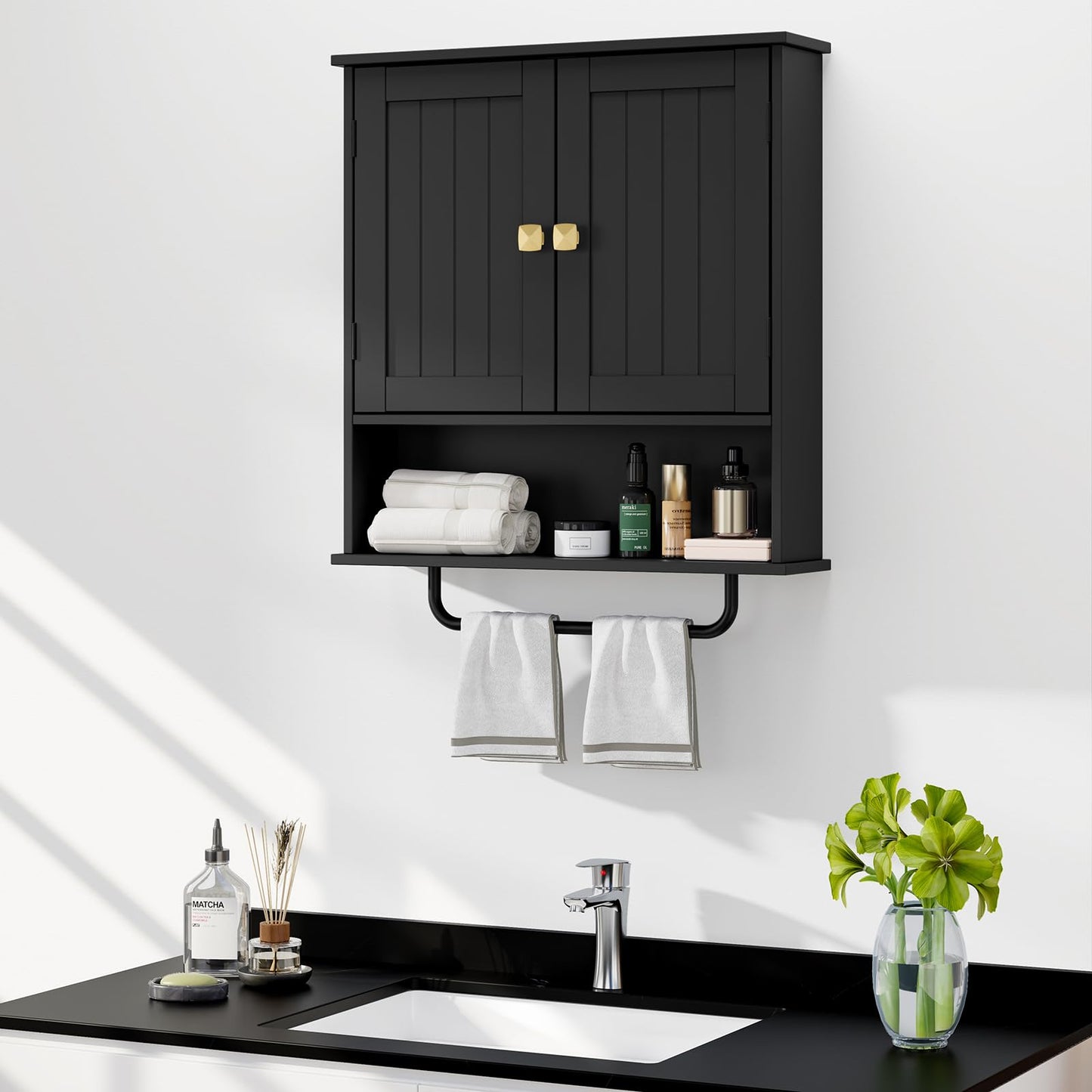 RRX Bathroom Cabinet Wall Mounted Medicine Cabinets with Towels Bar, Over The Toilet Storage Cabinet with 2 Doors and Adjustable Shelf, White Wall Cabinet for Bathroom Laundry Kitchen (Black)