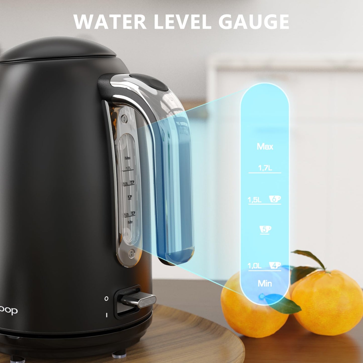 Evoloop Electric Kettles, 1.7L Tea Kettle, Hot Water Boiler Heater, Stainless Steel Electric Teapots BPA Free, Auto Shut-Off & Boil-Dry Protection, 120V/1500W-Black