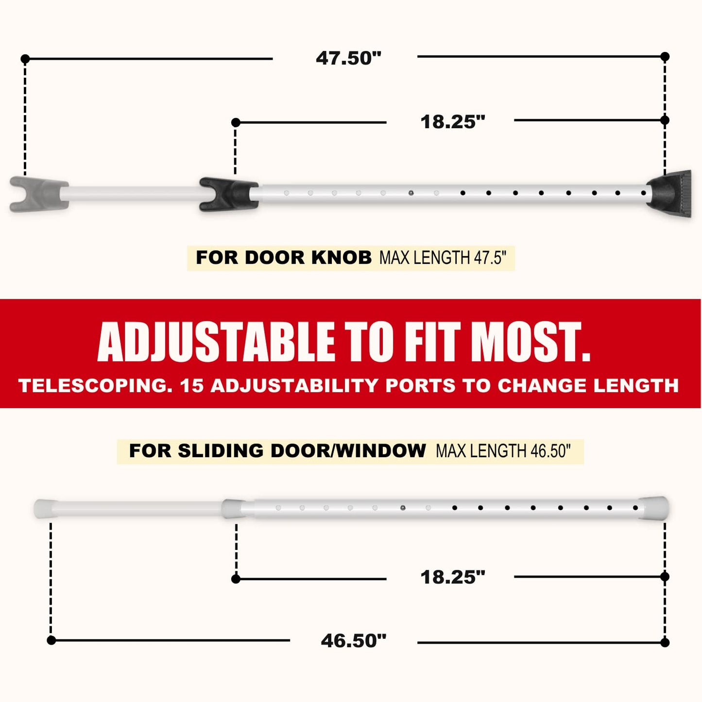 SECURITYMAN 2-in-1 Door Security Bar with Alarm & Sliding Door Stopper Security Bar with 120db Loud Siren - Rugged Iron Rated for 400lbs, (Protects Against Scratches) New Model for Wider Compatibility