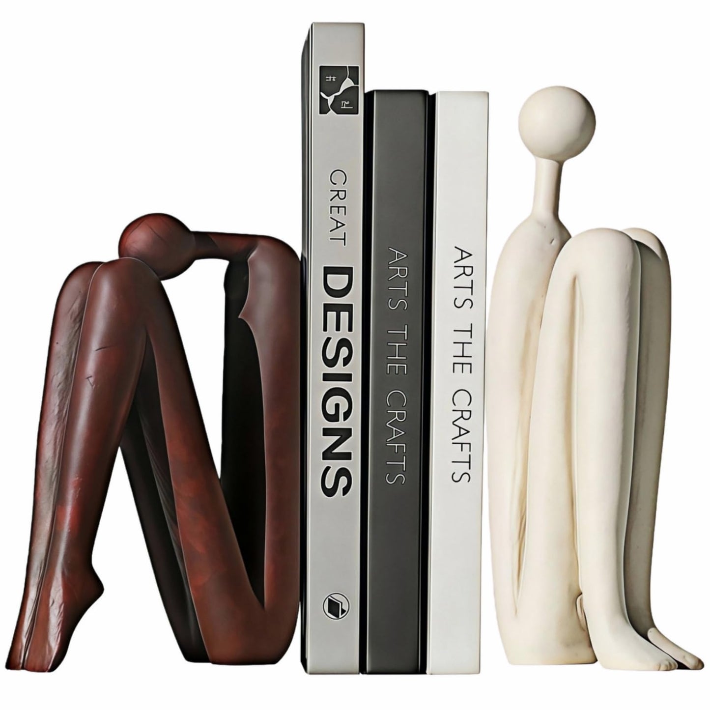 Resin Book Ends, Abstract Thinker Modern Minimalist Decorative Sculpture Bookends, Non-Slip Heavy Duty Bookends for Shelves for Home Office Shelves Desk, Set of 2 (Brown & White)