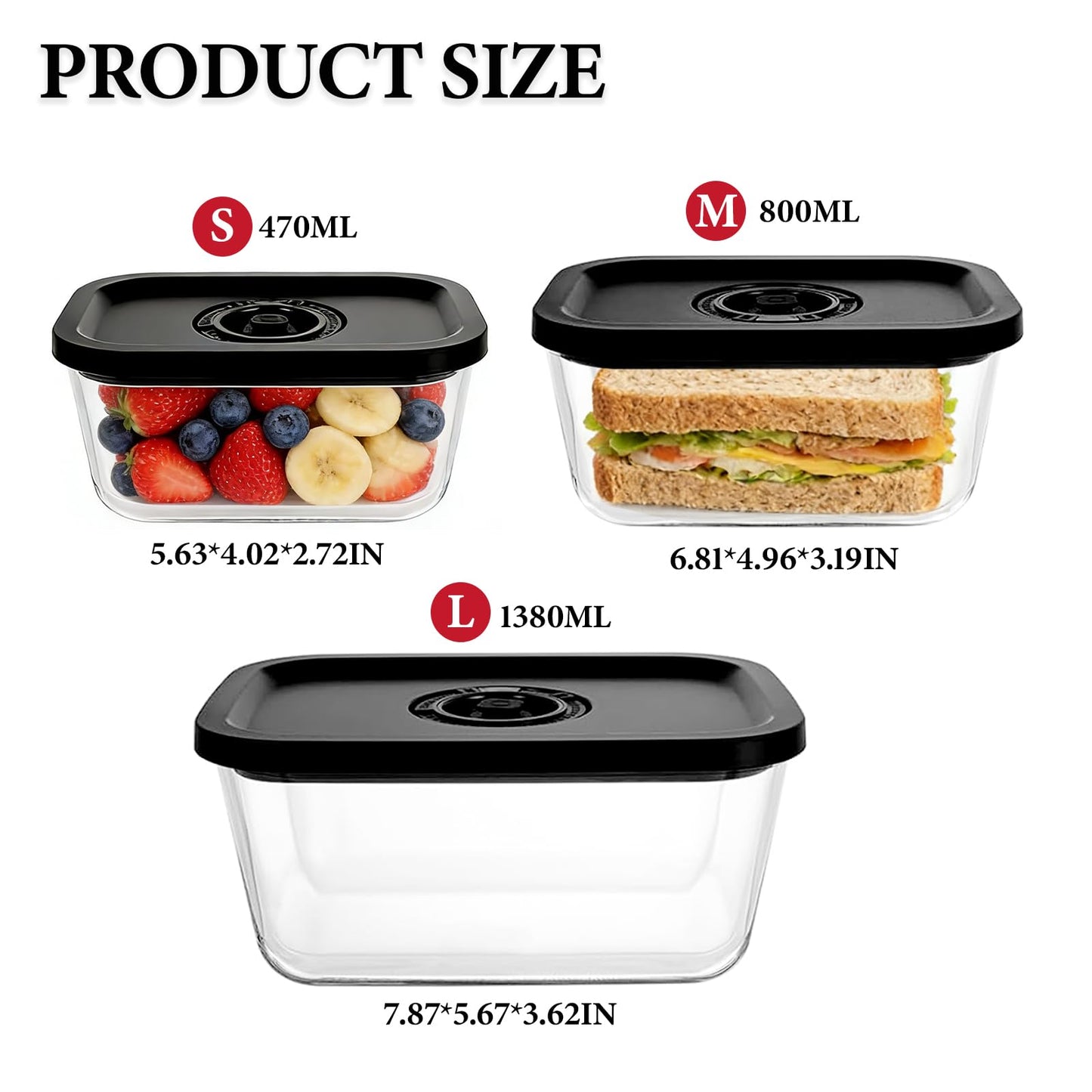 Seadasyoon Glass Vacuum Containers for Food Fresh & Save Storage, Made For Compact Vacuum Sealer, 3pcs Mixed Set Small, Medium, Large With Handheld Vacuum Sealer Machine