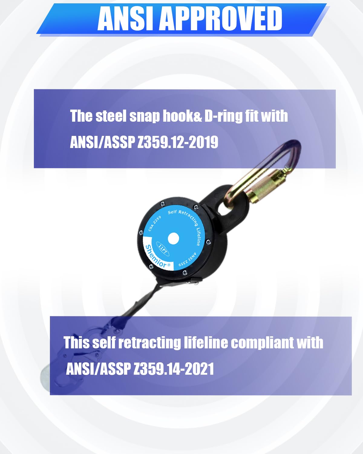 11FT Shemior Web Self Retracting Lifeline, No Tangle Lightweight Housing SRL, Self Retractable Safety Lanyard, Fall Arrest Protection PPE Gear for Roofing Construction, OSHA/ANSI Compliant