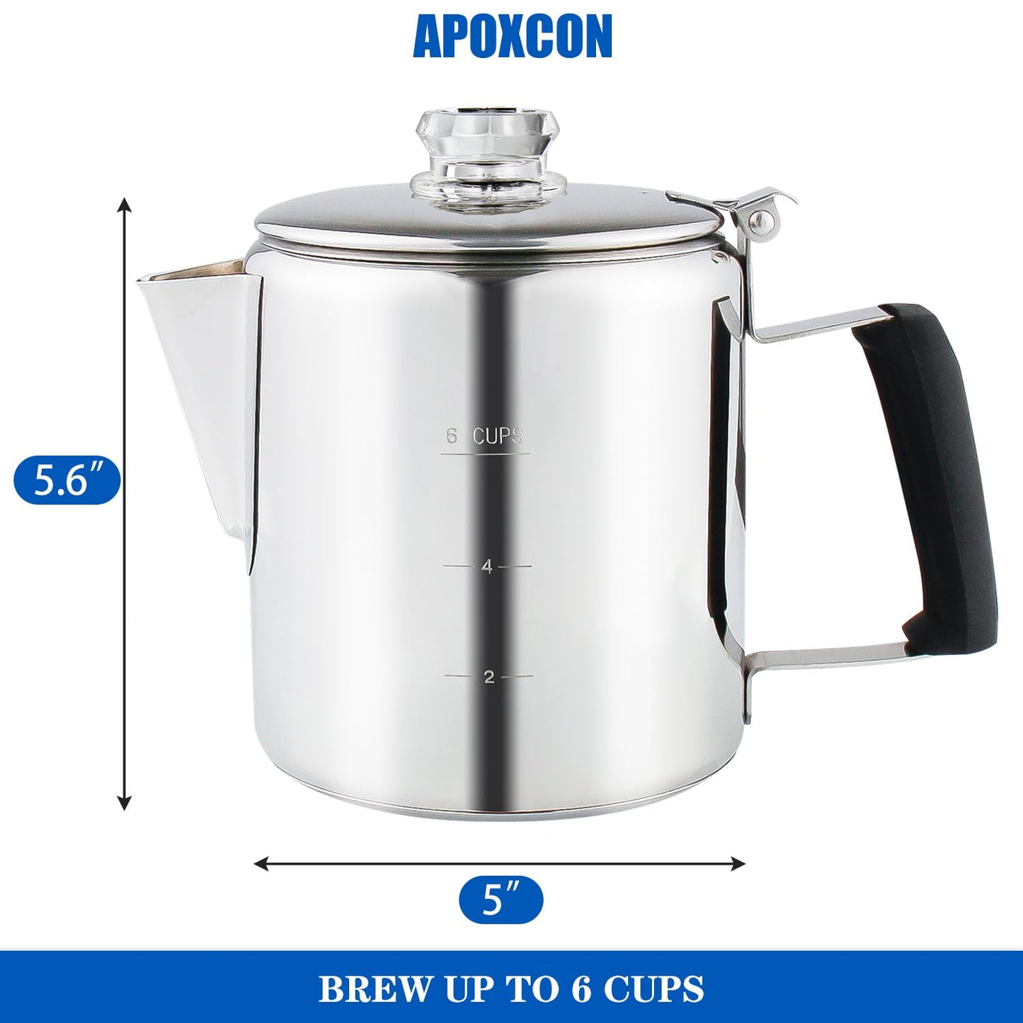 Multi Use Percolator Coffee Pot Stainless Steel Stove Top Coffee Maker with Two Tough Borosilicate Glass Knob Silica Handle Camping Coffee Pot Using on Campfire Stove & Induction Cooker Silver 6 Cup
