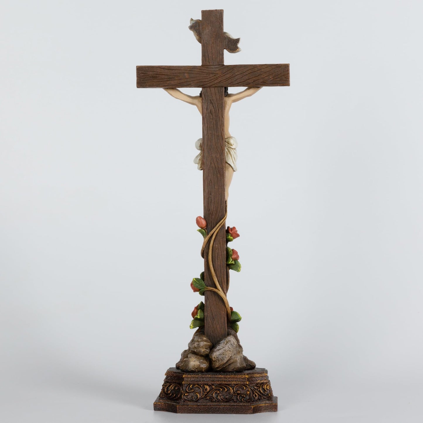 Grace4Joy Standing Crucifix, 14.5 Inches Jesus Christ Standing Cross With Rose-Decorated Base, Hand Painted Crucifix Stand for Catholic Home Table Altar Decor