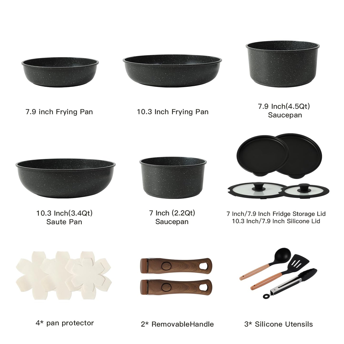 15PCS Ceramic Cookware Sets Detachable Handle Pots and Pans Set Non Stick (Black)