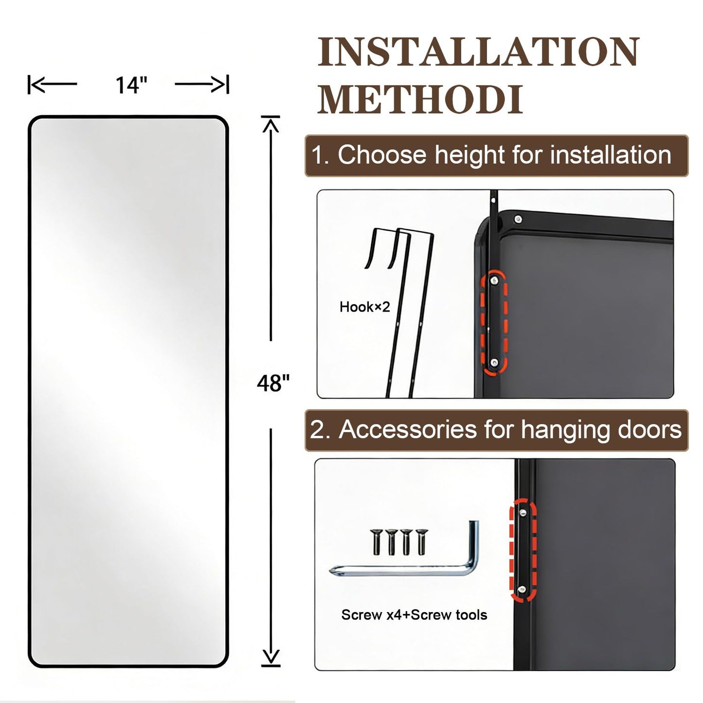 DMWOODFL 14"x48" Full Length Over The Door Mirror, Aluminum Alloy Frame Full Body Mirror with Height-Adjustable Hangers, Hanging Leaning Against Wall for Dorm Bathroom, Bedroom, Entryway Decor(Black)