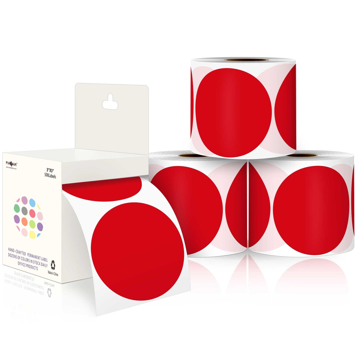 PARLAIM 3”Color Coding Labels Stickers,4Rolls/2000per Dispenser Box Round Adhesive Circle Dot Stickers for Inventory Office Home (Red)