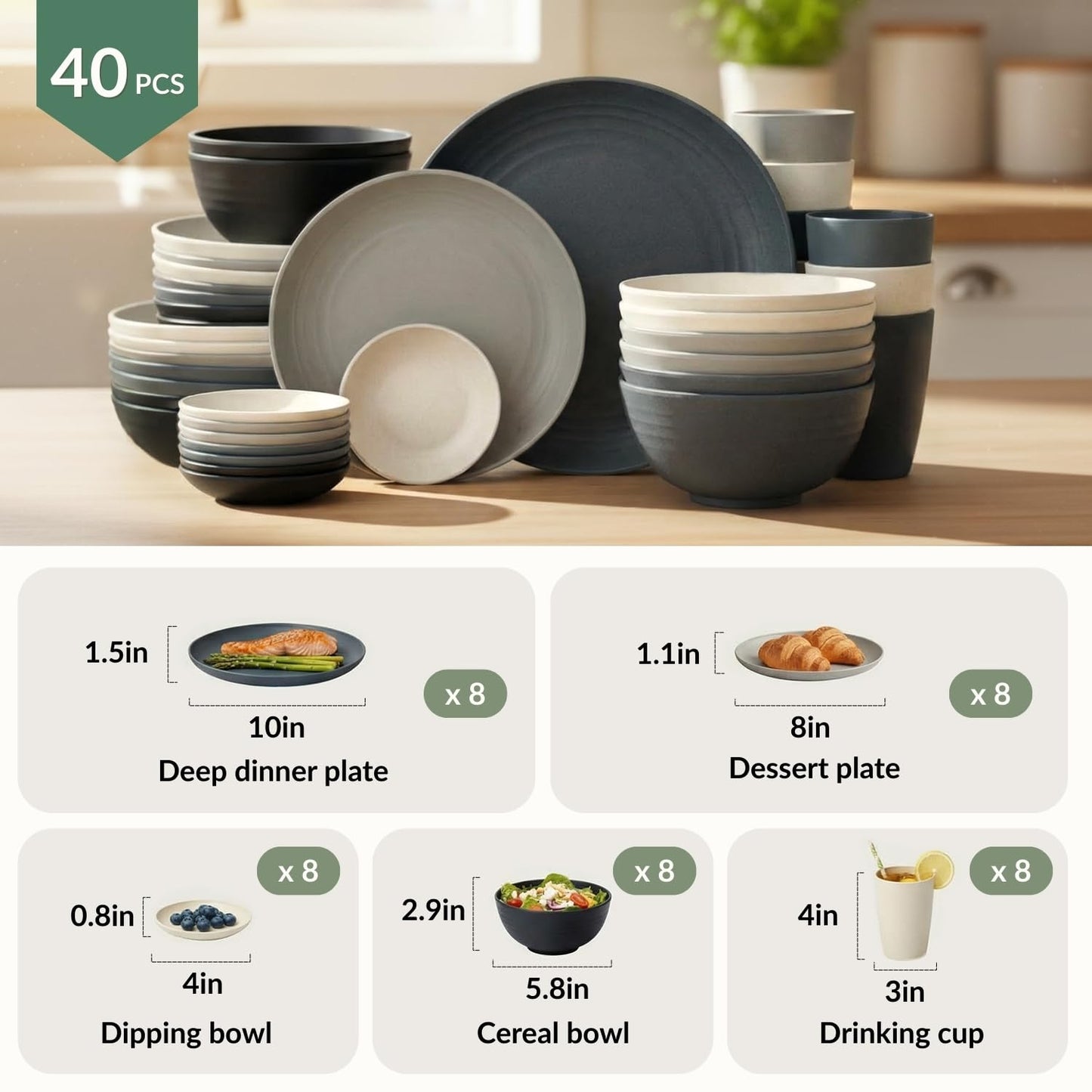 Homienly 40 PCS Wheat Straw Dinnerwave Sets for 8 Unbreakable Plates and Bowls Sets with Cups & Saucers, Microwave Dishwasher Safe Dishes Sets for Kitchen, Camping, RV, Party, Stackable (Gery Stone)