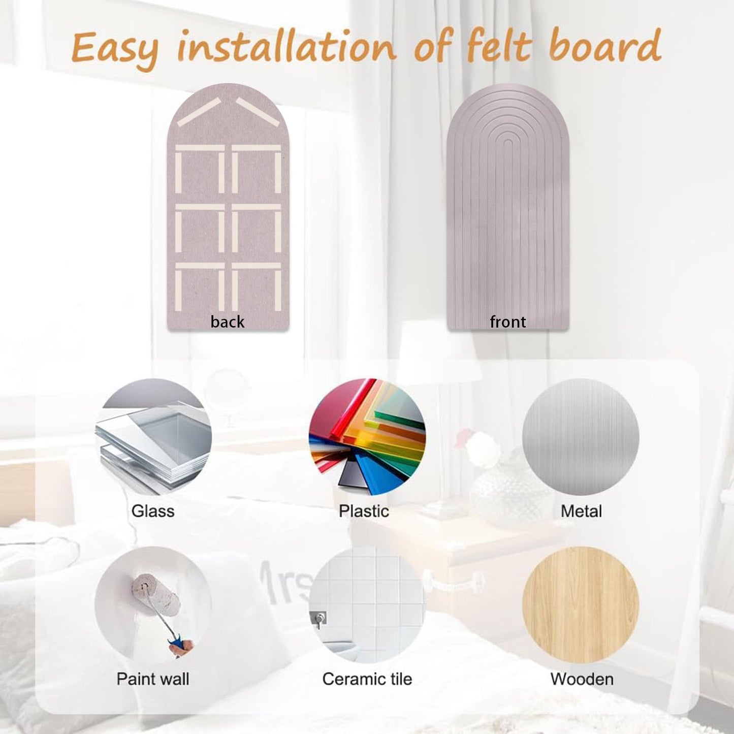 Large Felt Notice Board 47"x24" Arch-Shaped Push Pin Board with 35 Pushpins Cork Board Alternative Self-Adhesive Photo Panels for Office, Bedroom, Living Room, Photo Decorative Board