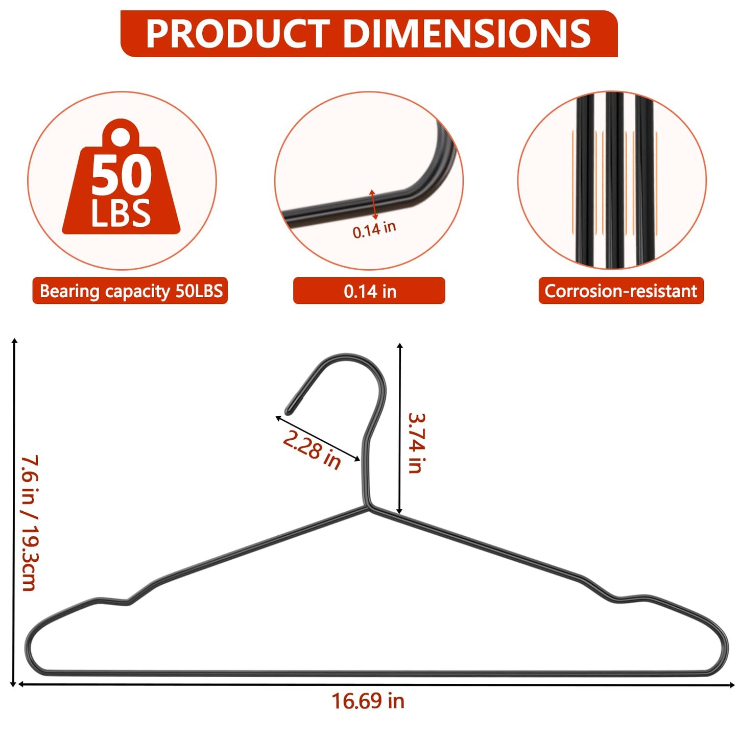 40Pack+5 Clips Luxurious Hanger Set, 16.69" Heavy Duty Metal Hangers, Upgraded Thicker Sturdier Weight Capacity 50lbs, Sturdy Black Metal Hangers for Home and Commercial