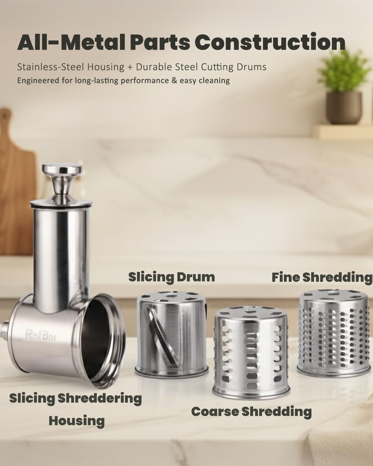 Stainless Steel Slicer Shredder Attachment for KitchenAid Stand Mixer, Large-Capacity Vegetable Slicer & Cheese Grater with 3 Stainless Steel Blades, Dishwasher Safe Food Processor Accessory by Rafbar