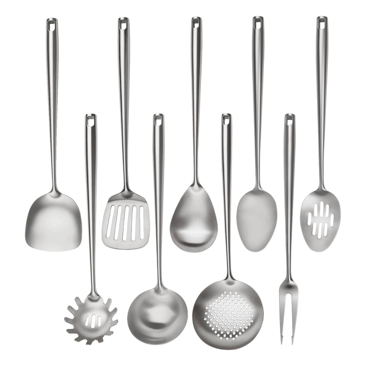 18/10 Stainless Steel Cooking Utensils Set,9 Pcs Professional All Metal Stainless Steel Kitchen Utensils Set with Wok Spatula,Soup Ladle,Skimmer,Slotted Spatula Turner, Large Spoon(Dishwasher Safe)