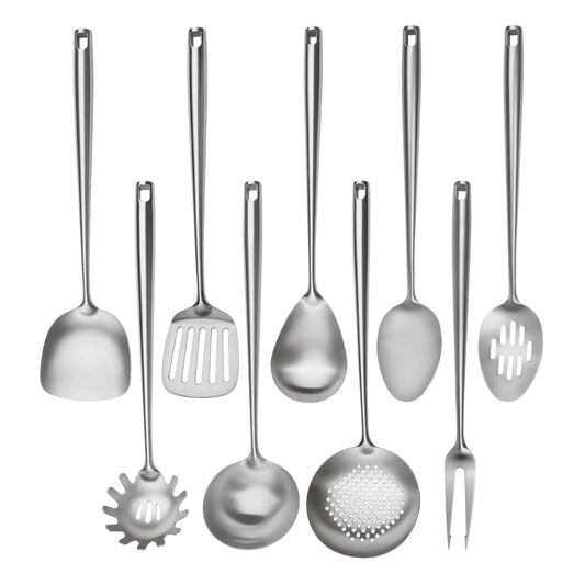 18/10 Stainless Steel Cooking Utensils Set,9 Pcs Professional All Metal Stainless Steel Kitchen Utensils Set with Wok Spatula,Soup Ladle,Skimmer,Slotted Spatula Turner, Large Spoon(Dishwasher Safe)