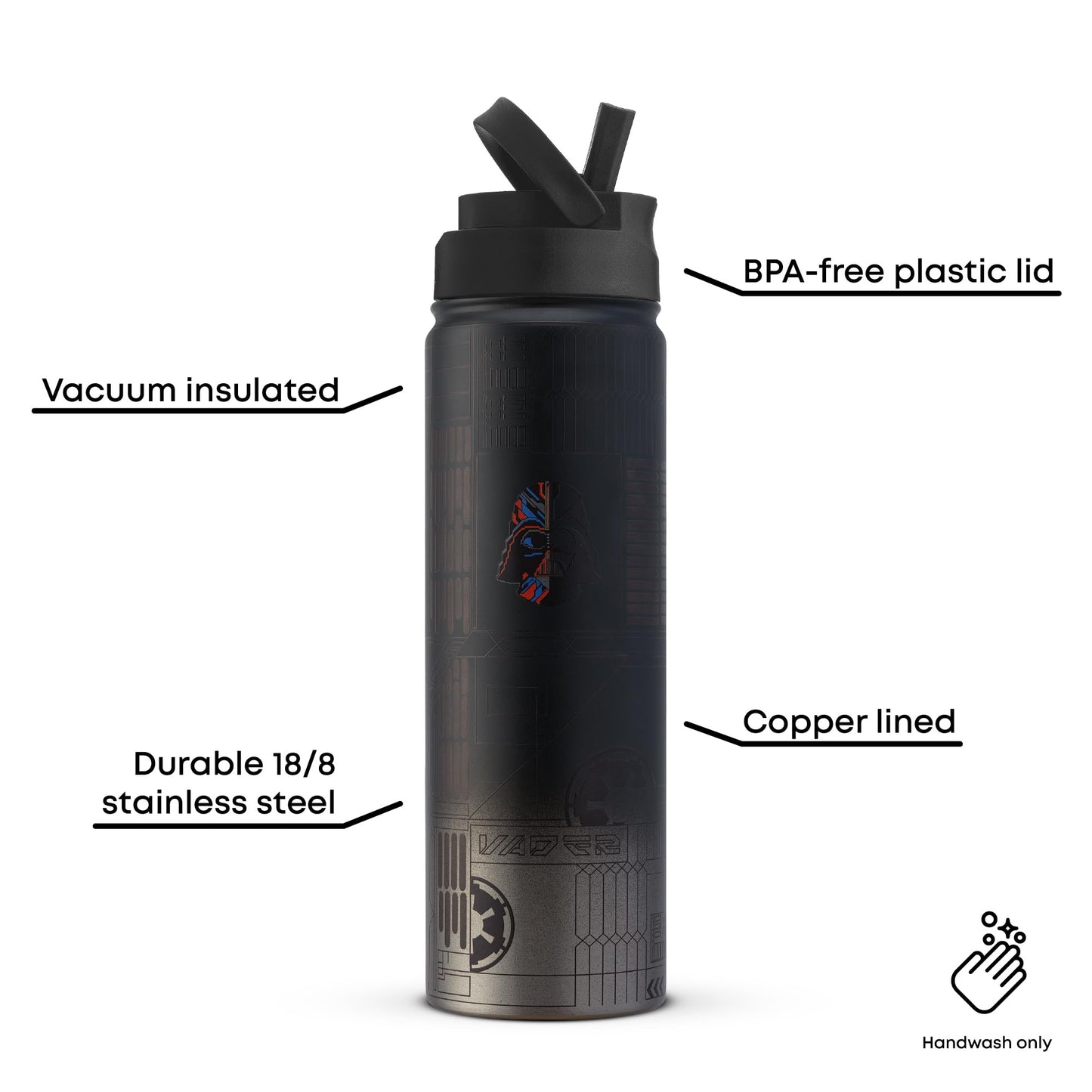 JoyJolt Star Wars Linear Darth Vader Stainless Steel Water Bottle with Flip Straw Lid, 22 oz Vacuum Insulated Water Bottle, BPA-Free Tumbler for Sports and Travel, Star Wars Gifts