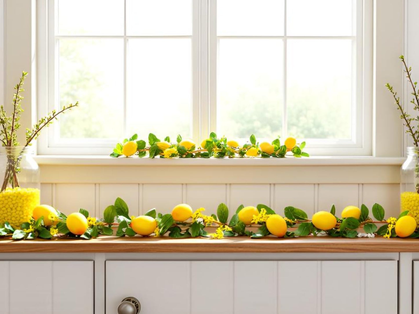 CHOUYUHE 2PCS Artificial Lemon Garland (12Ft Total), Faux Fruit Vine with Greenery for Wedding Party, Wall Mantle Table Decor, Spring Summer Kitchen Door Decoration