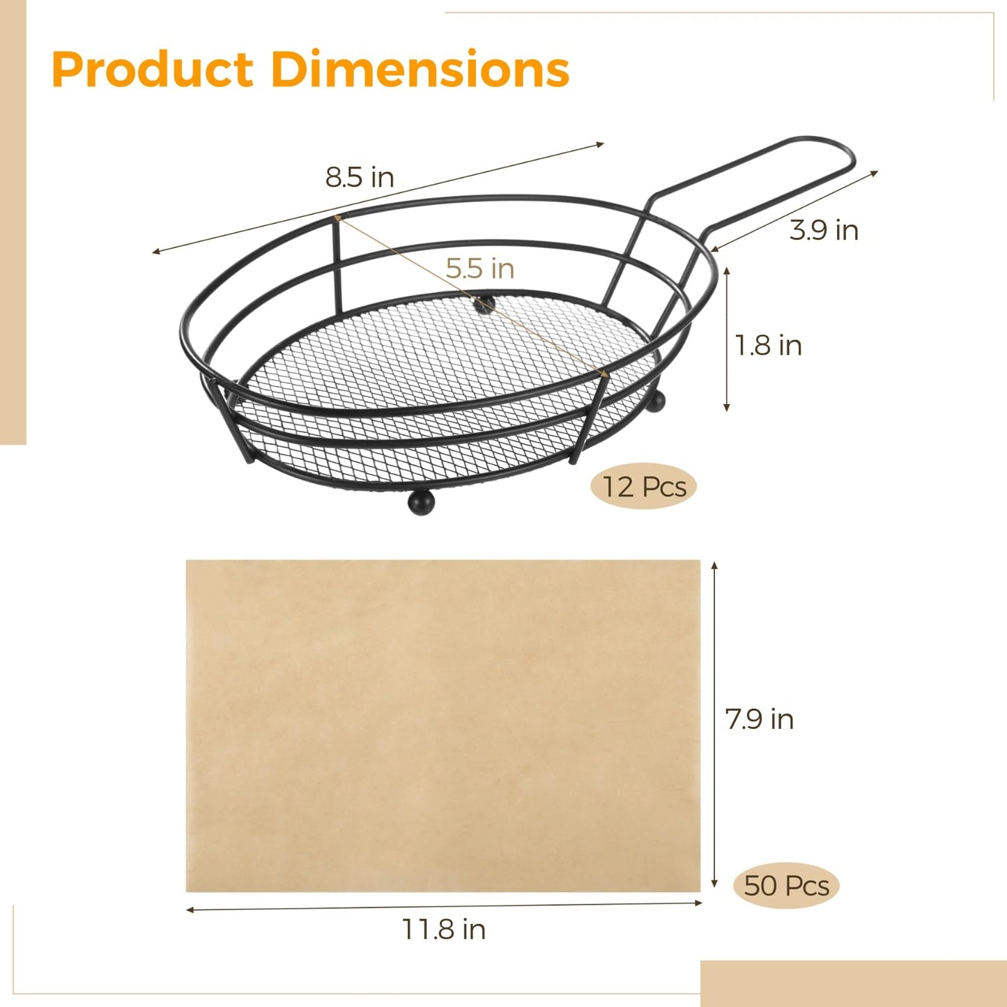 Toyosport 12 Pack French Fries Baskets, Black Iron Serving Baskets with Handles, Oval Mesh Food Presentation Trays with 50 Deli Papers, Fried Food Bowls, Small Fryer Holders for Parties, BBQ, Kitchen