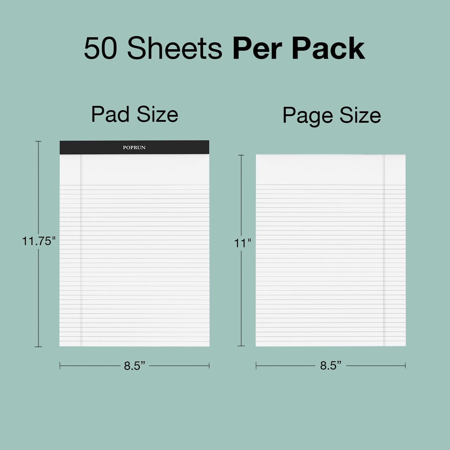 POPRUN Note Pads 6 Pack, Bright White Paper with Cardback, Wide Ruled 50 Sheets 8-1/2" x 11-3/4", Bulk Lined Legal Pads for Work, Home, School Supply