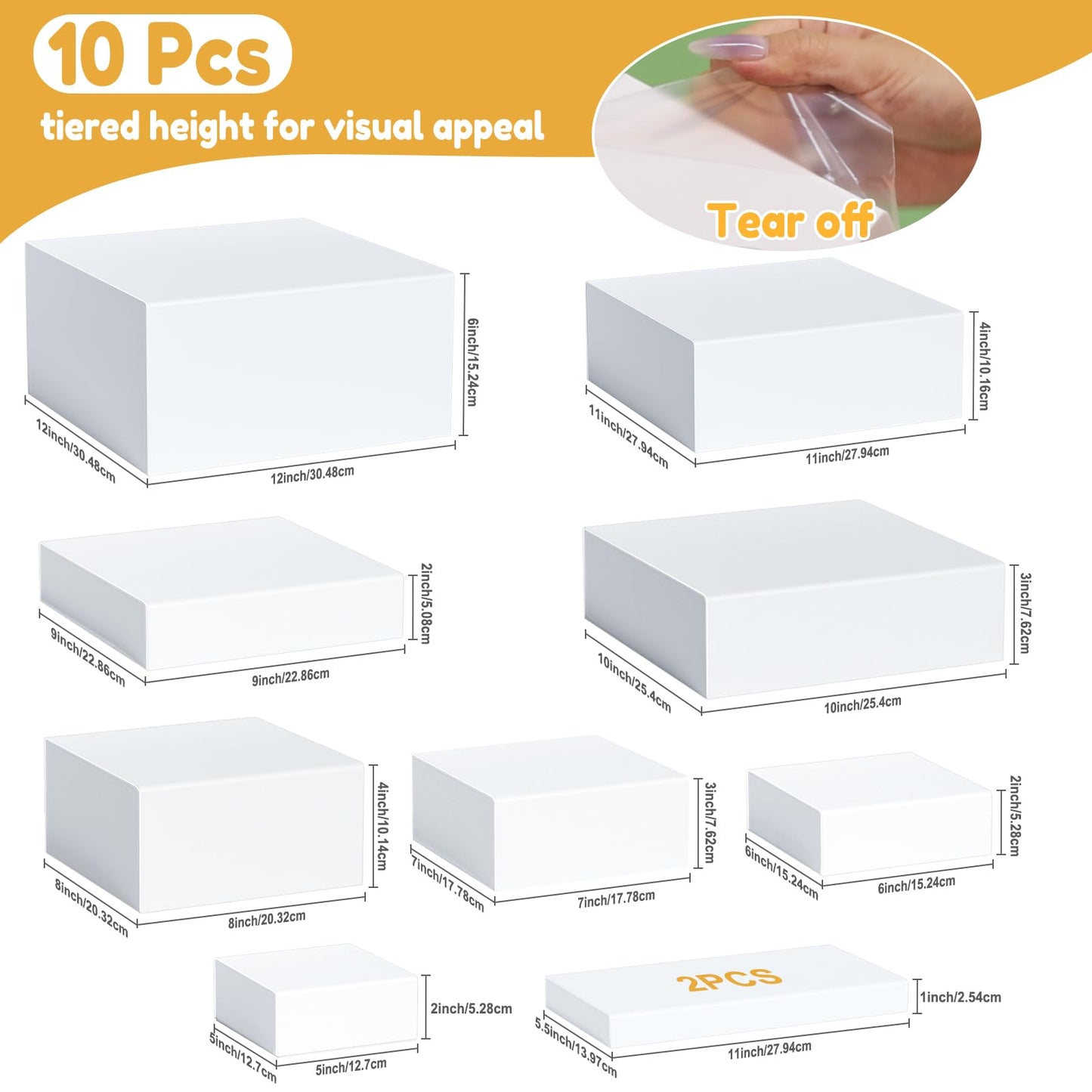10PCS Buffet Risers, Food Risers for Buffet Table, Acrylic White Cube Box with Hollow Bottoms, Display Stand for Dessert Table Stand Shelf Nesting for Jewelry Show Catering(12"-11"-10"-9"-8"-7"-6"-5")