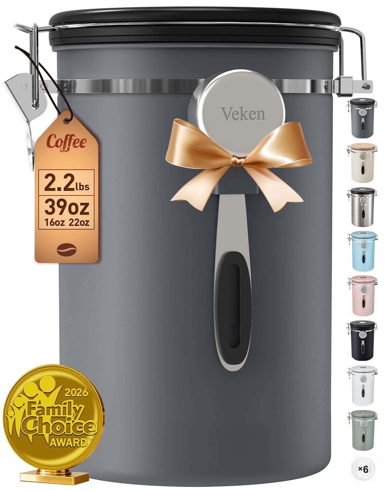 Veken Coffee Canister, 39OZ Large, Airtight Stainless Steel Food Storage Container for 2.2lbs Coffee Beans,Ground,Sugar,Espresso,Rice,Tea,Flour,Pod Baskets,Kitchen Bar Accessories,Lids,Jars,Gifts,Gray