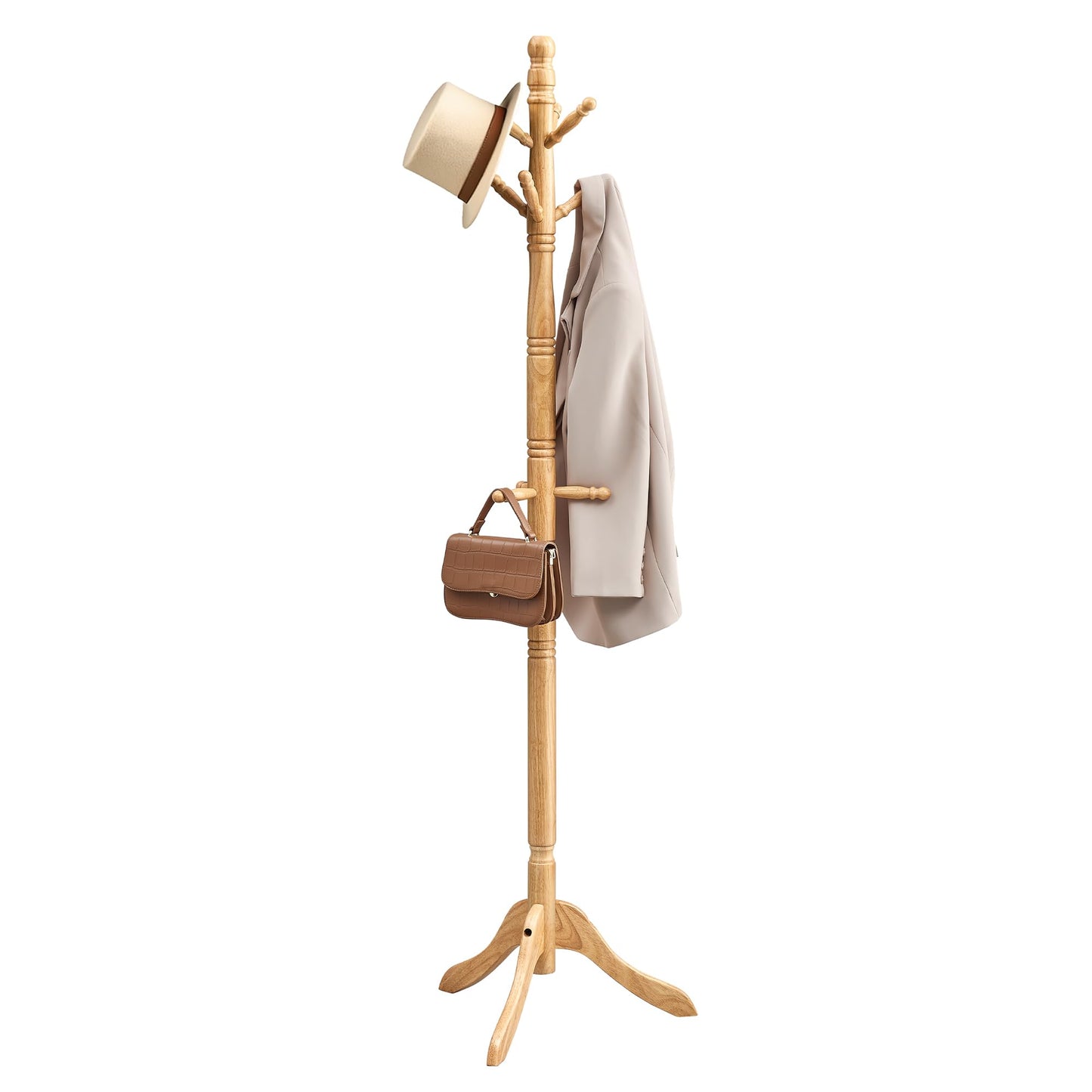 VASAGLE Solid Wood Coat Rack and Stand, Free Standing Hall Coat Tree with 10 Hooks for Hats, Bags, Purses, for Entryway, Hallway, Rubberwood, Natural Beige URCR003Y01