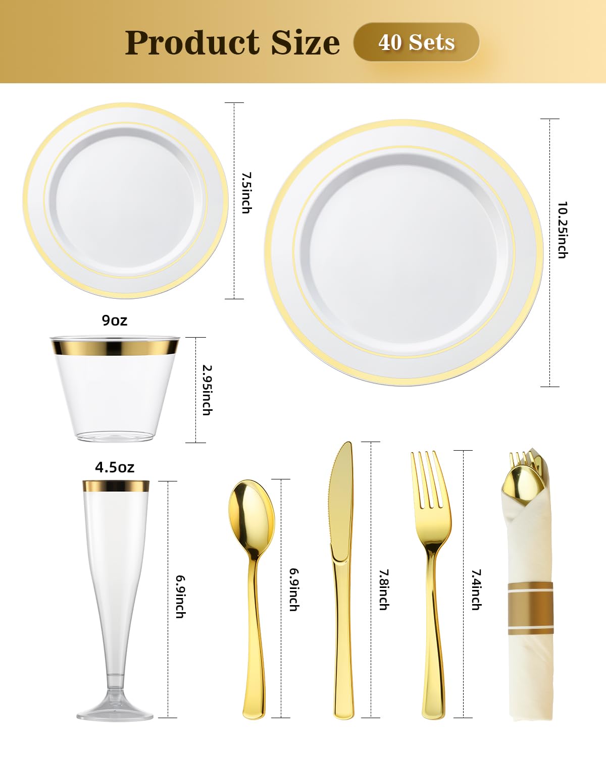 Goodluck 320PCS Gold Disposable Plastic Dinnerware Set for 40 Guests, Include 40 Dinner Plates, 40 Dessert Plates, 40 Napkins with Silverware, 40 Cups, 40 Champagne Glasses, for Christmas, Wedding