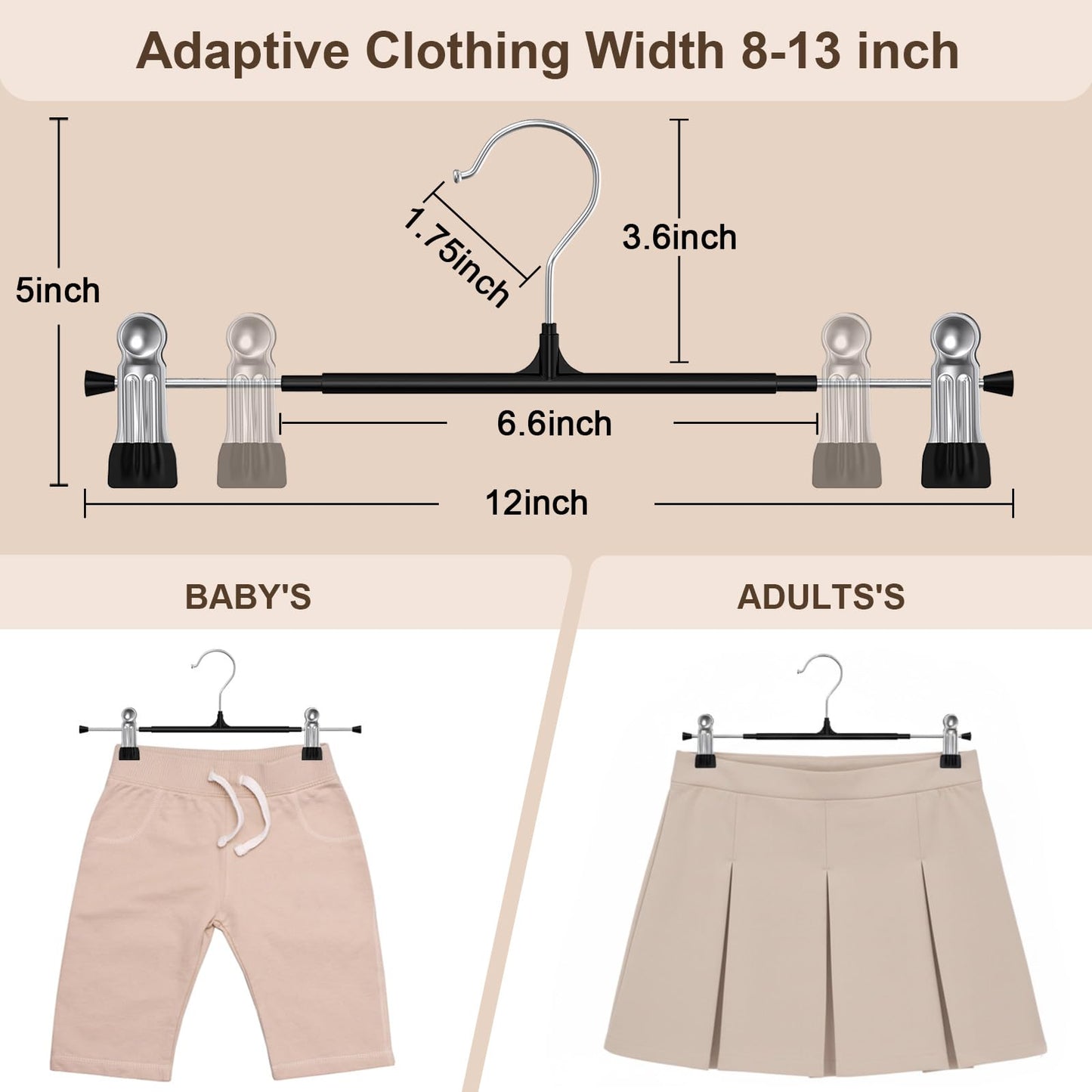 POZEAN Pants Hangers with Clips for Women 30 Pack, 12Inch Adjustable Heavy Duty Skirt Hangers, Space Saving Non-Slip Shorts Jeans Trousers Clothes Hangers, Black