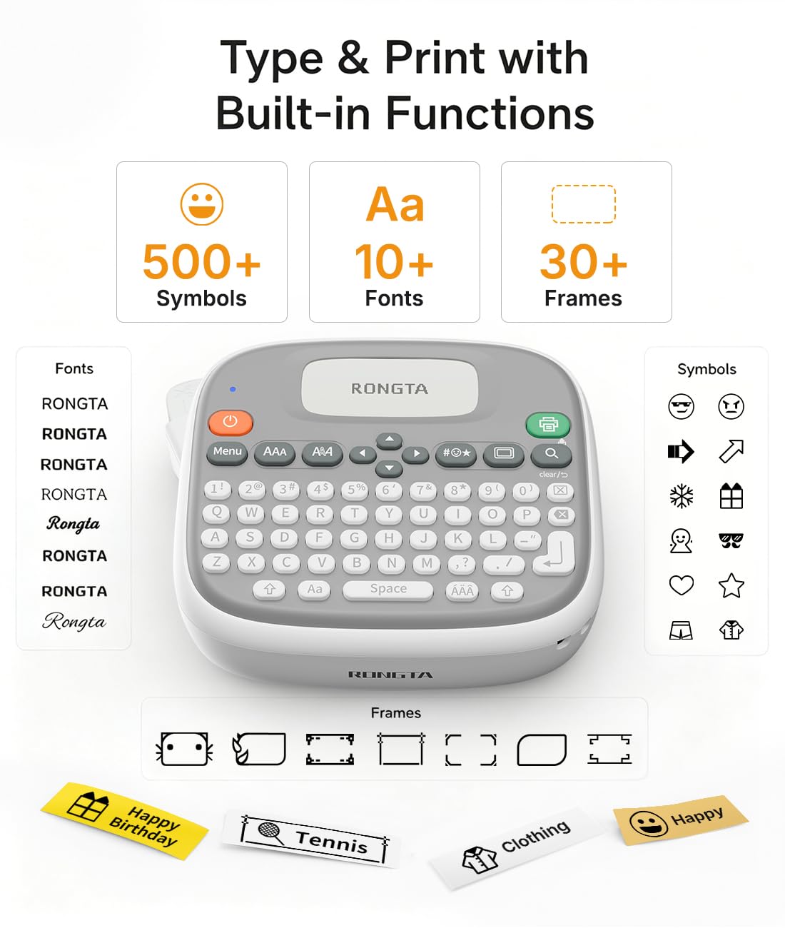 Rongta Label Maker Machine with Tape, Label Maker Waterproof with QWERTY Keyboard, TM95 12mm Portable Labeler for Home Organization, Office or School Supplier (Label Maker with 1 Tape, White)
