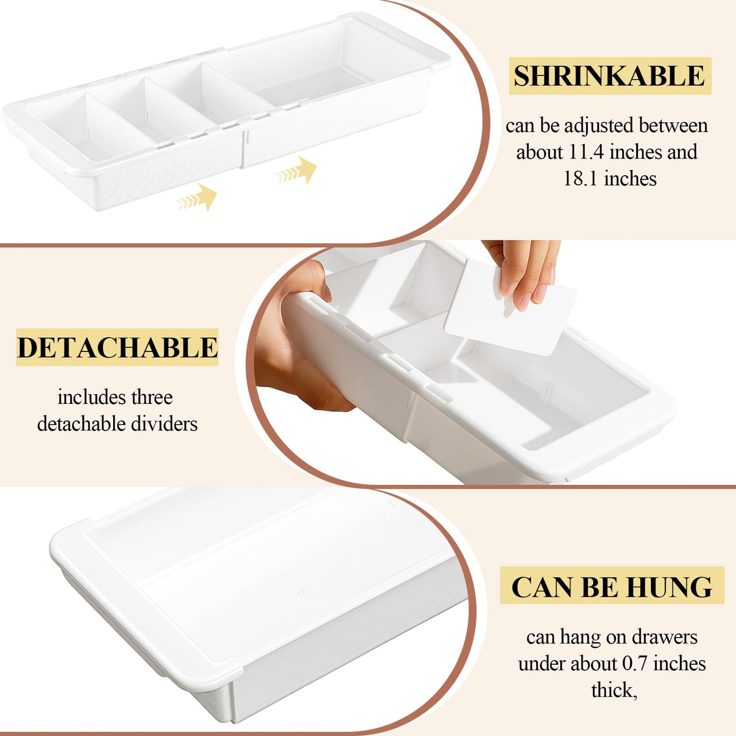 BrightRow 4 Pcs Expandable Drawer Organizer Bins Adjustable Deep Drawer Hanging Organizer Tray Expandable 11.4 to 18.1 Inches Plastic Dividers Storage for Office Bathroom Bedroom Kitchen Desk, White