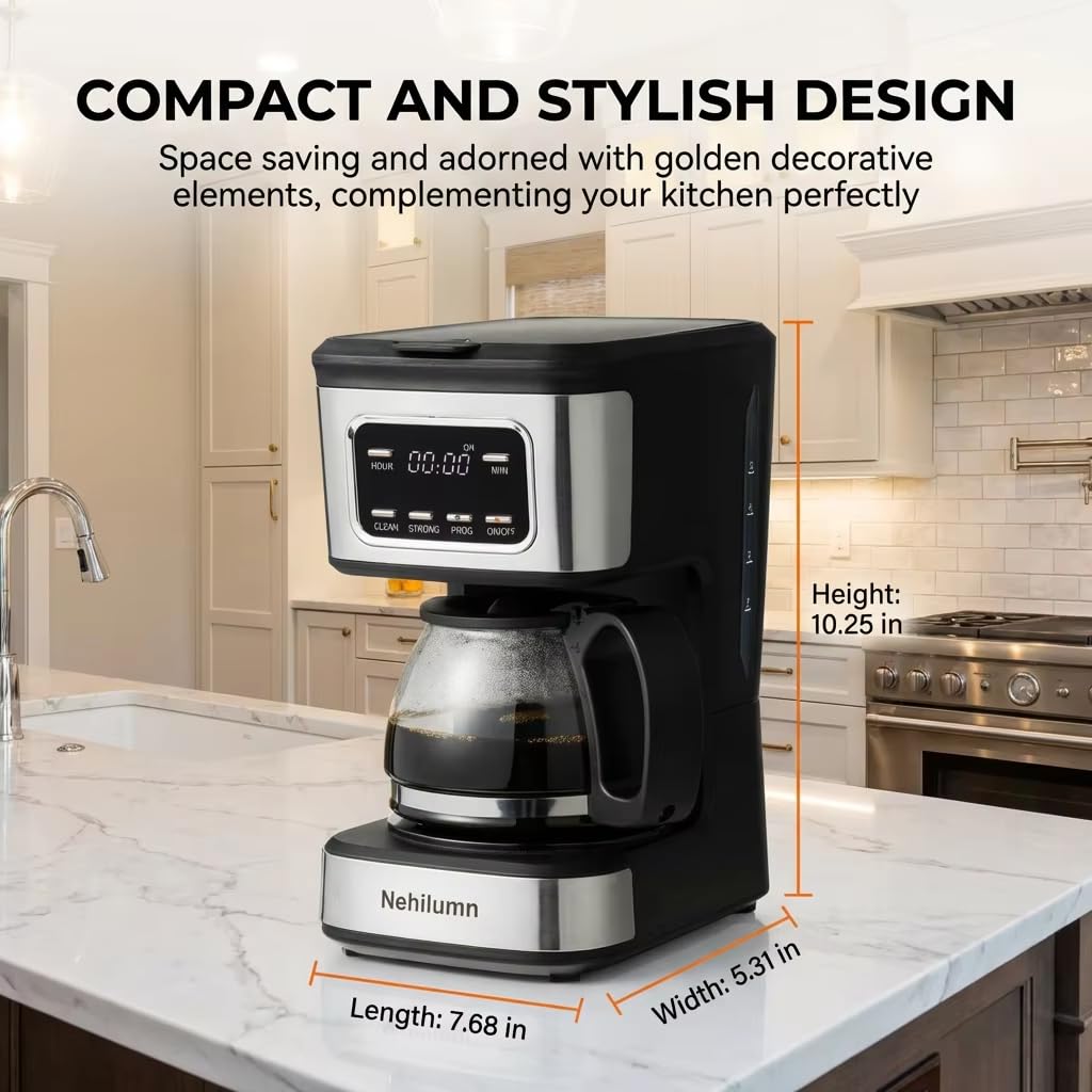 Nehilumn 5-Cup Programmable Coffee Maker - Reusable Filter, Clear Water Level Indicator, Auto Shut- Off, Black &Stainless Steel Coffee Pot