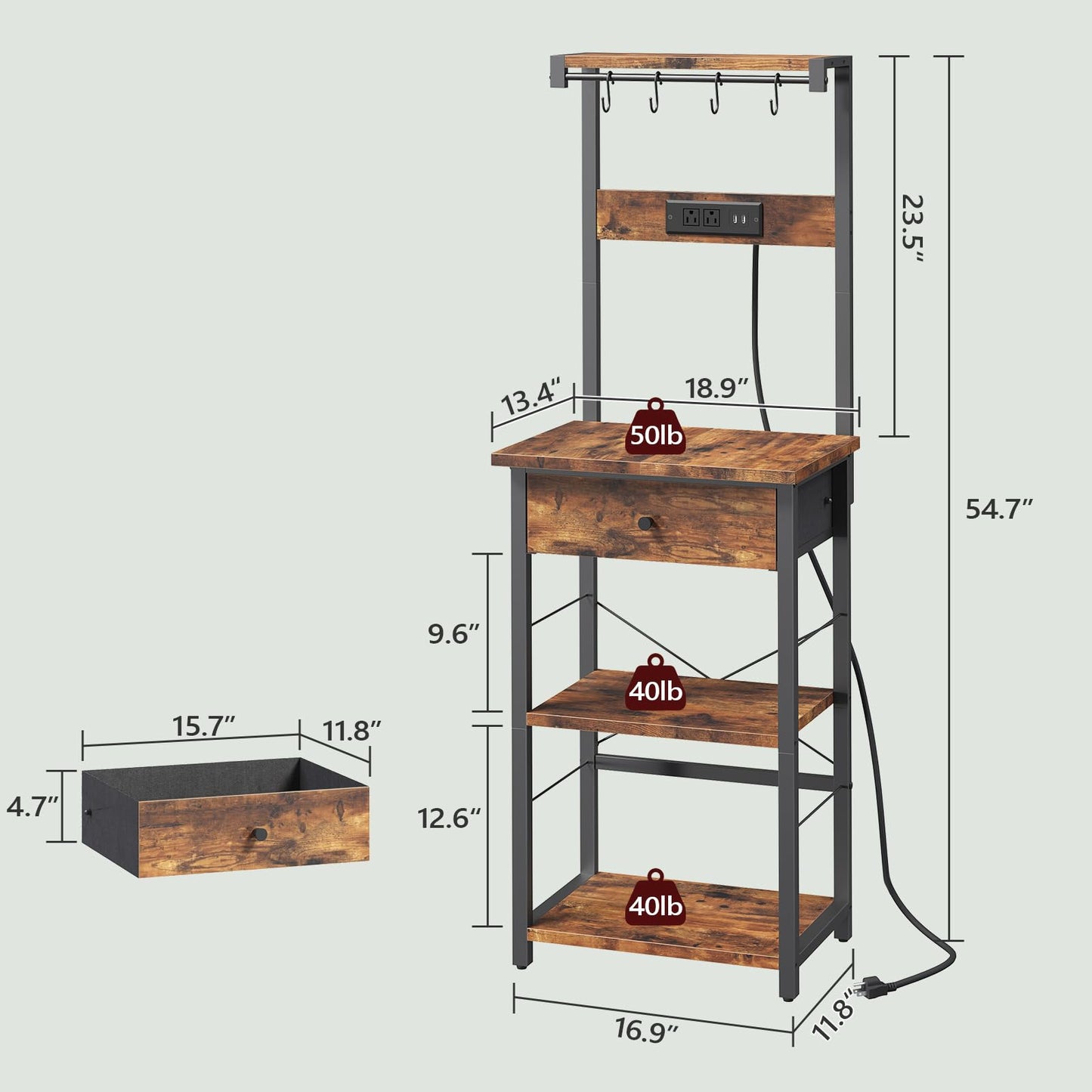 MAHANCRIS Bakers Rack with Drawer, Microwave Stand with Power Outlet, Coffee Bar Station with 4 Hooks, Kitchen Storage Shelf Rack 4 Tiers, for Kitchen, Dining Room, Rustic Brown and Black BRHR48E01